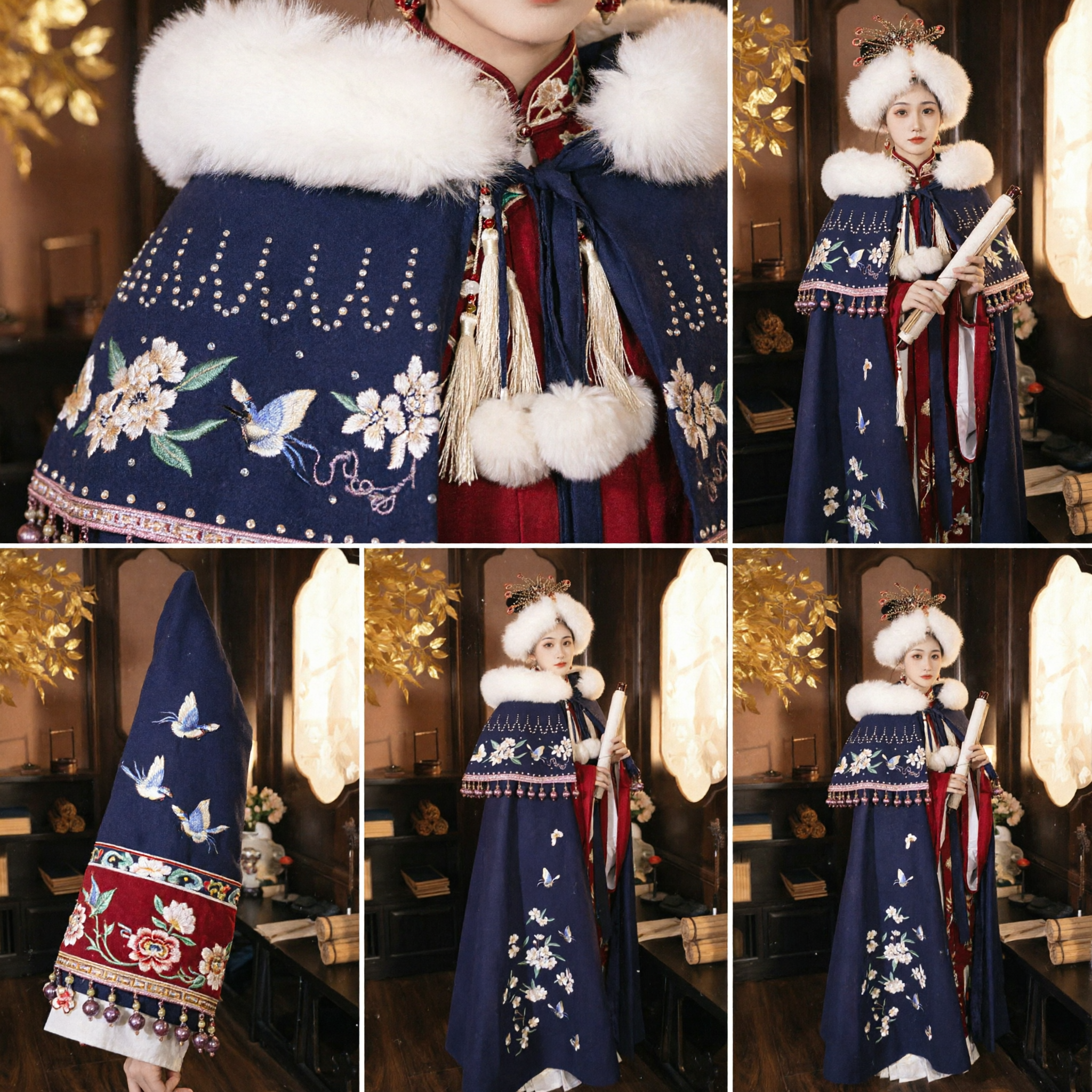 전통 중국 한푸 명나라 겨울 망토 진한 파란색 모피 장식 캐프 꽃 자수 여성용 - Asian Costume