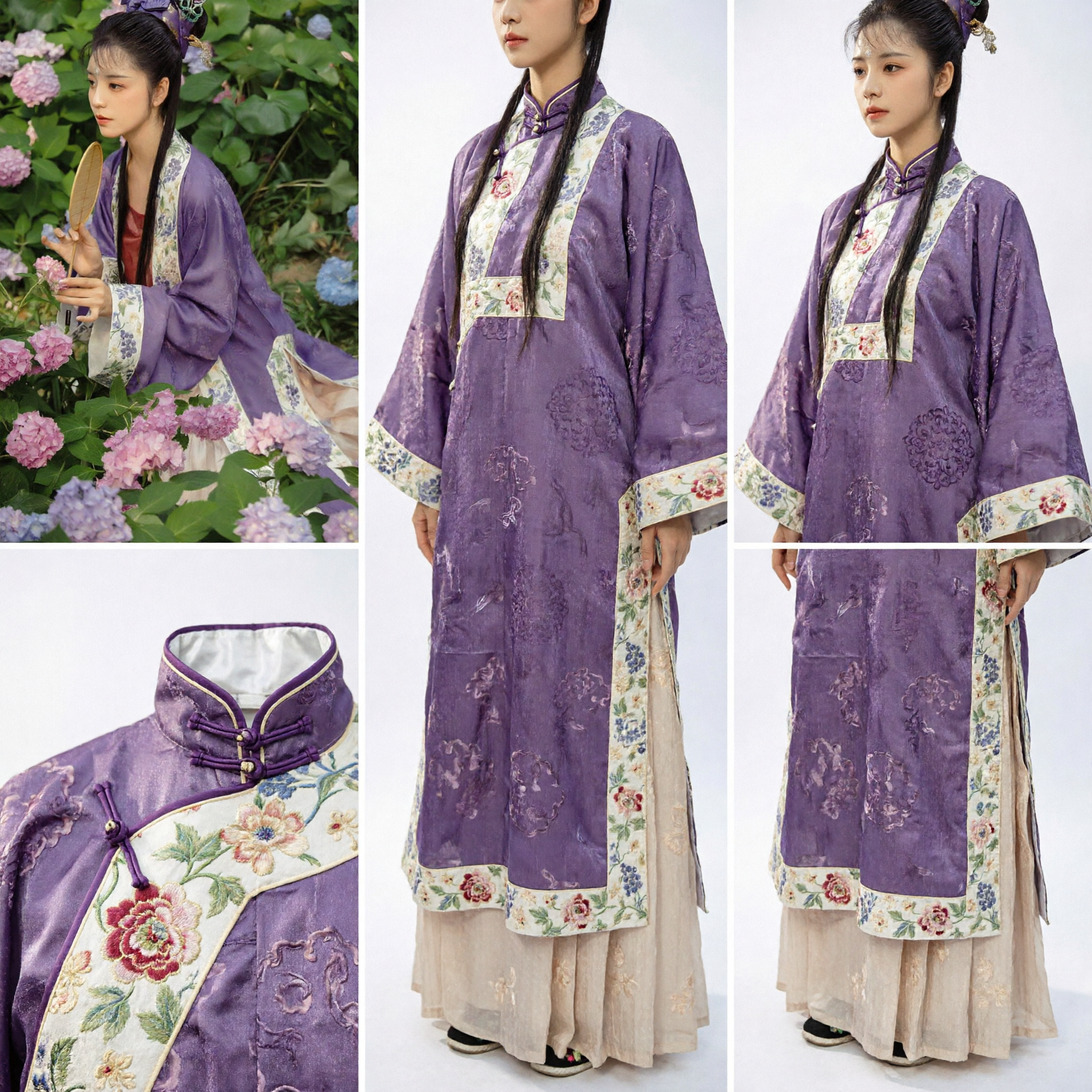 Elegante Vestido Tradicional Chinês Hanfu Roxo para Mulheres Conjunto de Robe Bordado Floral para Fotografia de Verão - Asian Costume