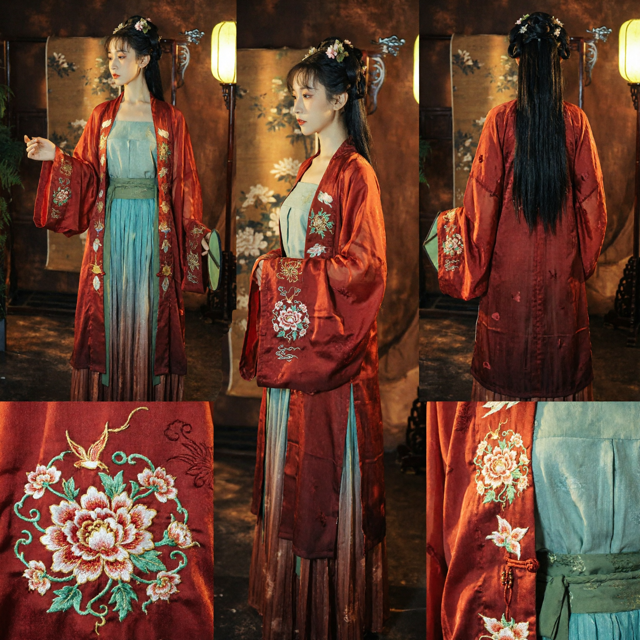 Ensemble Hanfu Rouge Brodé Élégant Costume Ancien Chinois Traditionnel Jupe à Dégradé Bleue pour Femmes Festival - Asian Costume