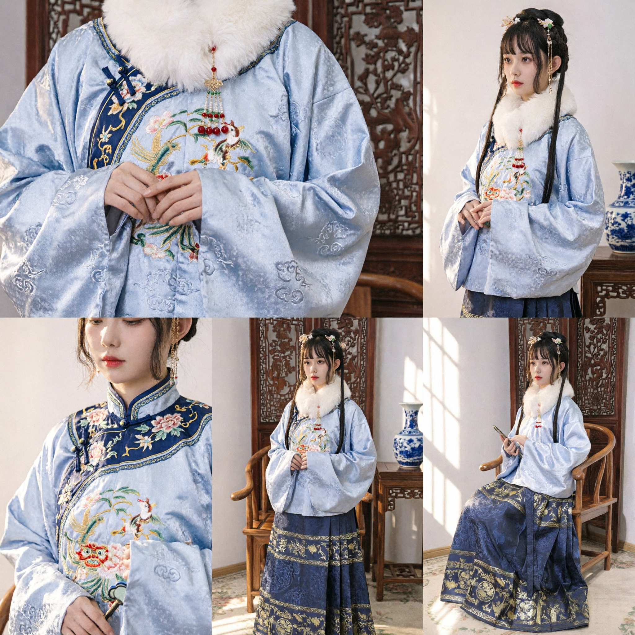 전통 중국 한푸 겨울 세트 여성용 명나라 블루 퍼 칼라 상의와 금 자수 마면치운 스커트 - Asian Costume