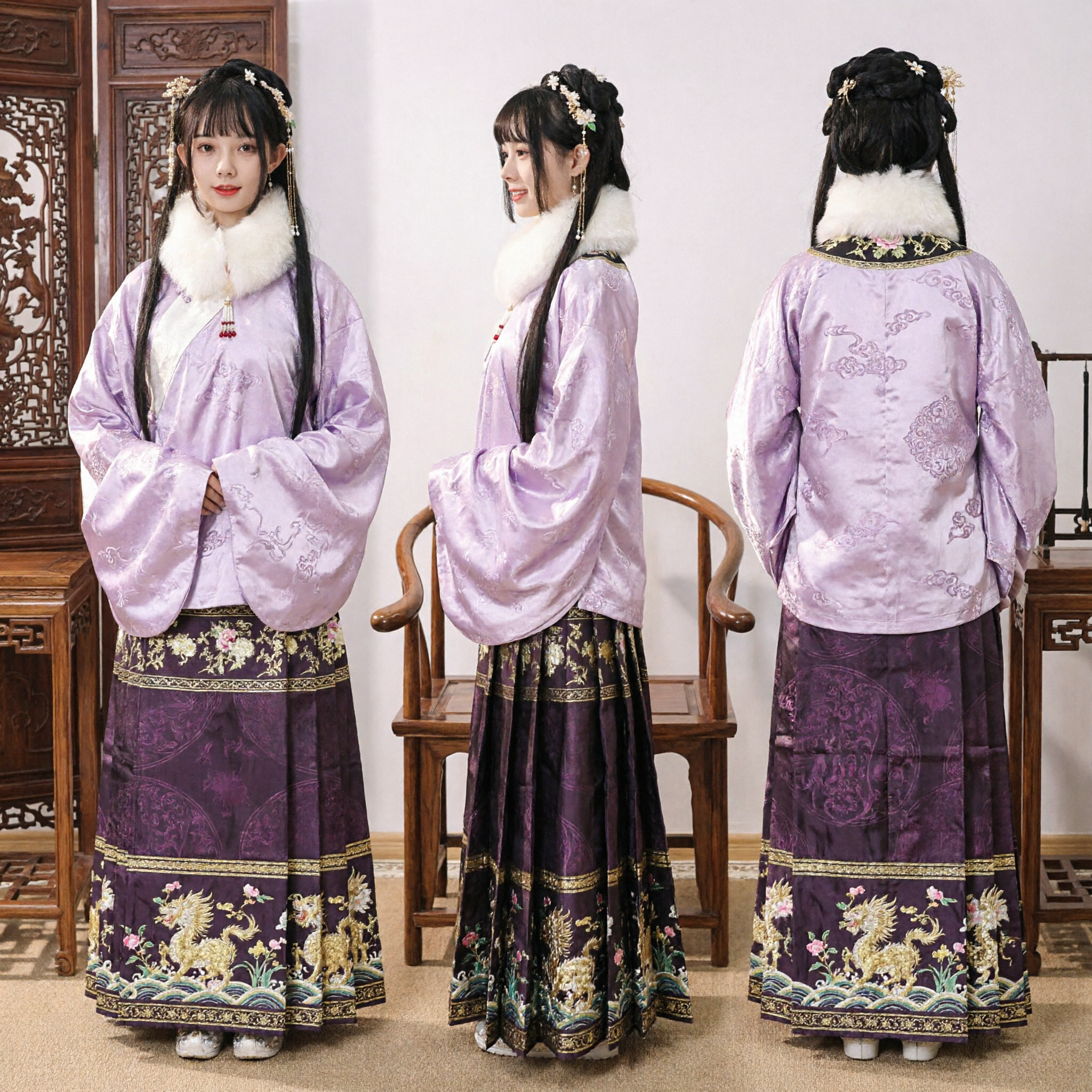 Traje Hanfu Chinês Tradicional da Dinastia Ming Conjunto de Casaco com Gola de Pele Roxa e Saia Bordada a Ouro para Mulheres - Asian Costume