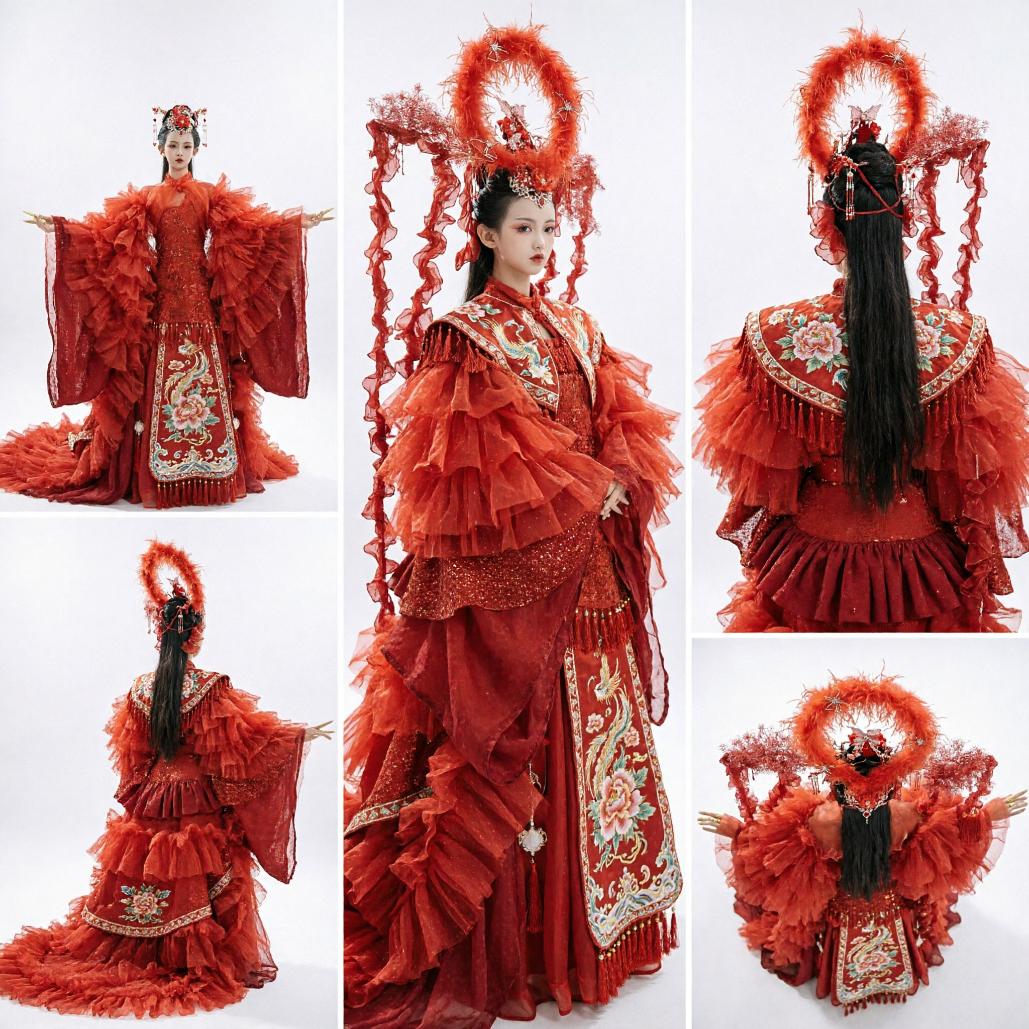 中国伝統 赤鳳凰舞台衣装 女児用 精巧なヘッドピース付き ダンスパフォーマンス用 - Asian Costume