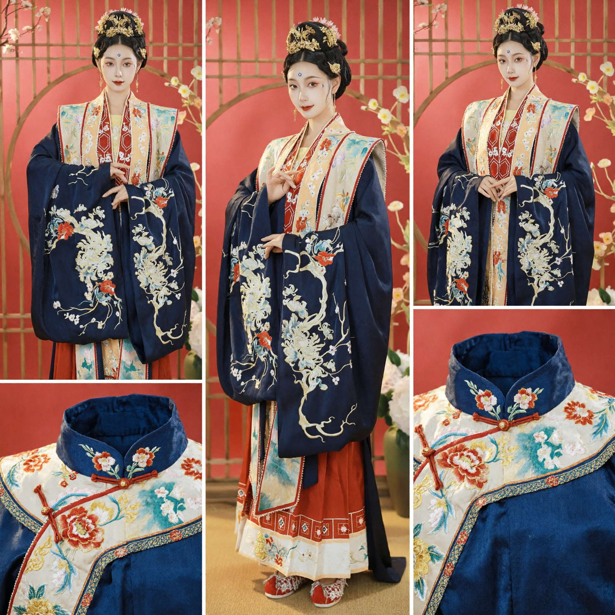 Traje Hanfu Chinês Tradicional para Mulheres Conjunto Elegante de Robe de Manga Larga Bordada em Azul e Saia Vermelha - Asian Costume