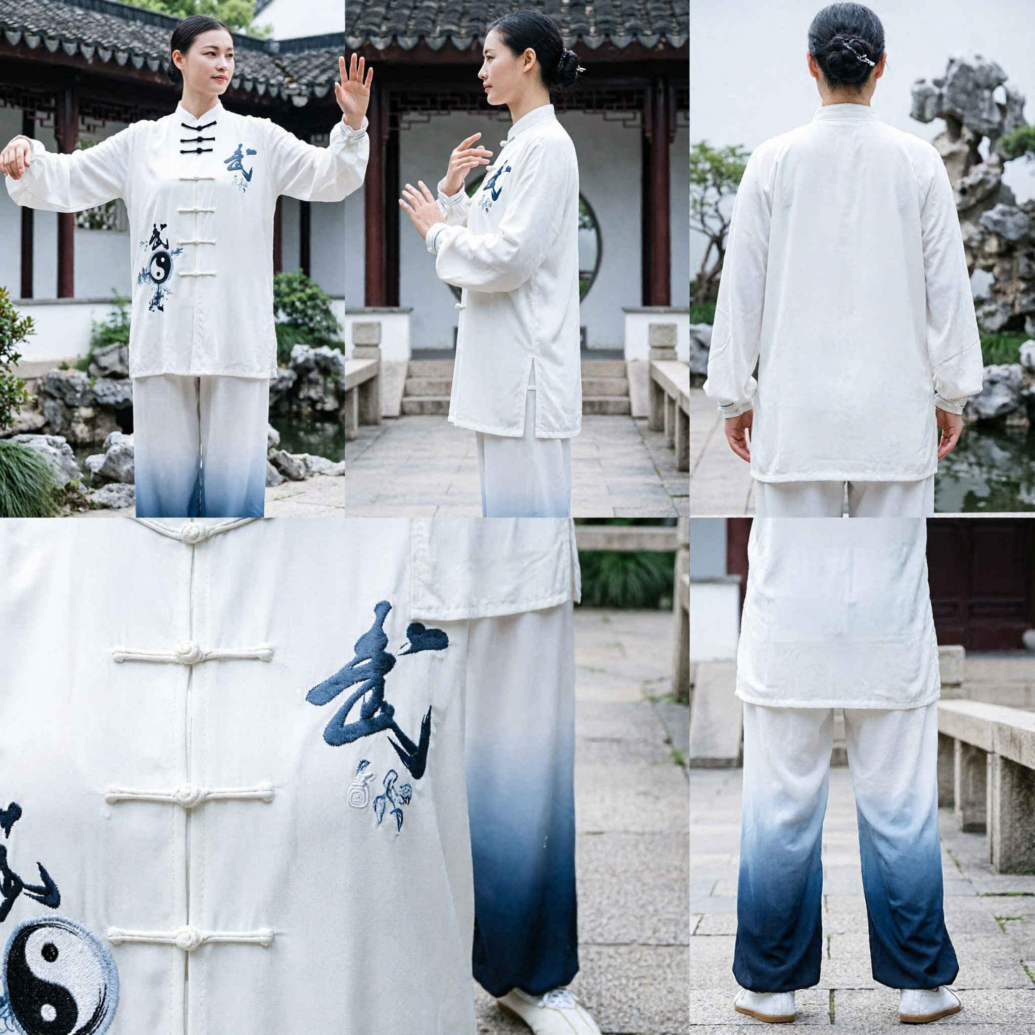 Tradycyjny uniform Tai Chi Kung Fu dla kobiet biały strój sztuk walki z kaligrafią Yin Yang i gradientowymi spodniami do ćwiczeń - Asian Costume