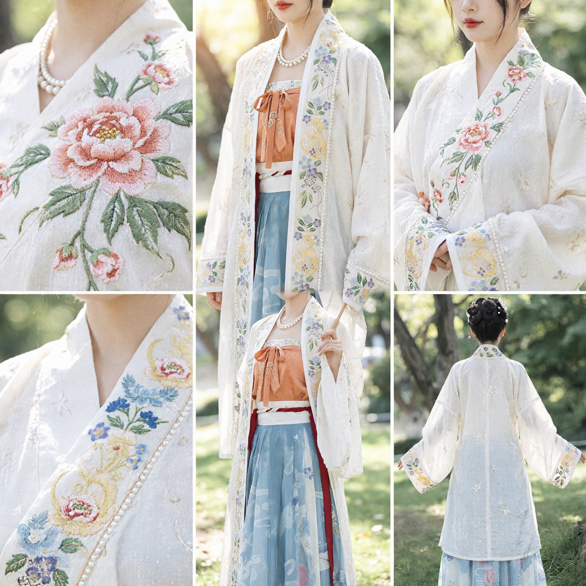 Ensemble Hanfu traditionnel chinois pour femmes, style dynastie Song, longue robe brodée de fleurs et jupe bleue pour festivals - Asian Costume