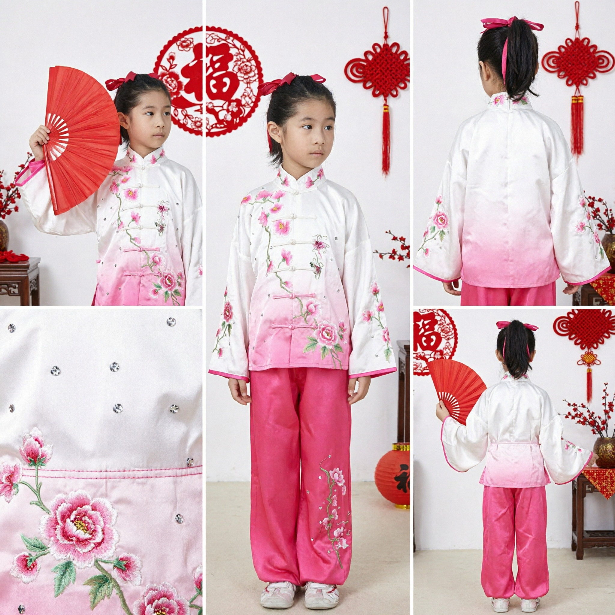 Uniforme Tradizionale Cinese Kung Fu per Ragazze Bambini Costume Wushu Tai Chi Set con Ricamo Floreale - Asian Costume