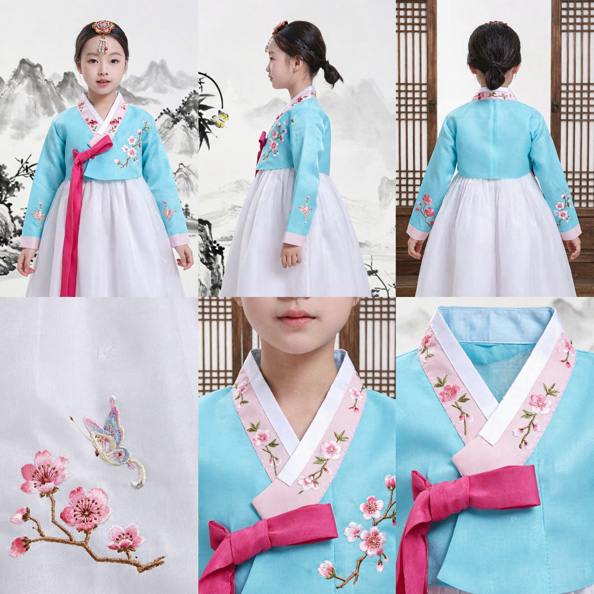 Hanbok Tradicional Coreano para Niñas Blusa Bordada Azul y Falda Blanca Traje para Niñas en Festivales y Fiestas - Asian Costume