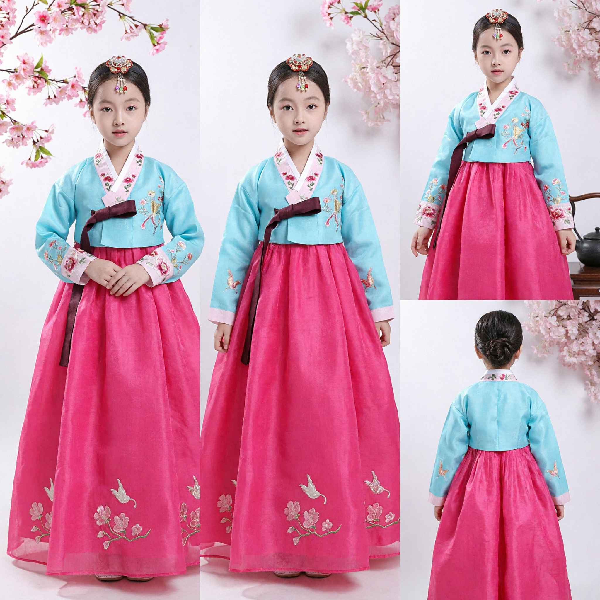 Abito Tradizionale Coreano Hanbok per Ragazze Costume Ricamato Blu e Rosa per Bambini Compleanno Festa Vacanza - Asian Costume