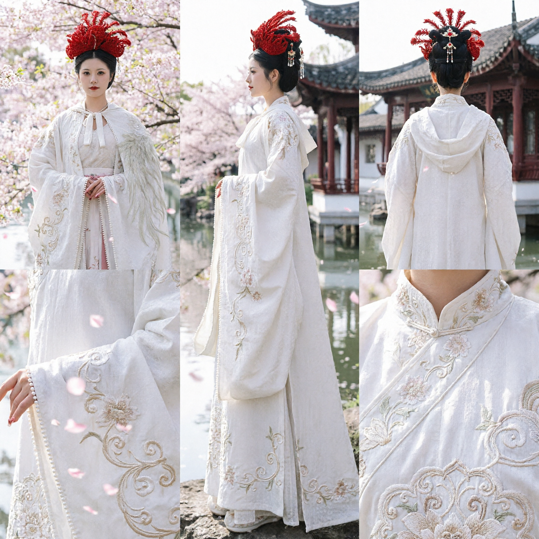 Tradycyjny chiński zestaw strojów Hanfu dla kobiet z czerwoną kwiatową koroną i białą suknią wróżki do fotografii - Asian Costume