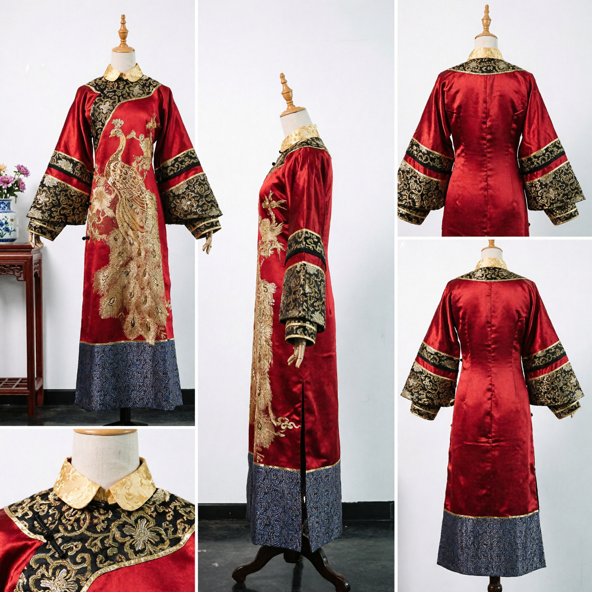 Traditioneel Chinees Rood Pauwenborduursel Gewaad Oude Dynastie Bruilofts-Cheongsam Kostuum voor Vrouwen - Asian Costume