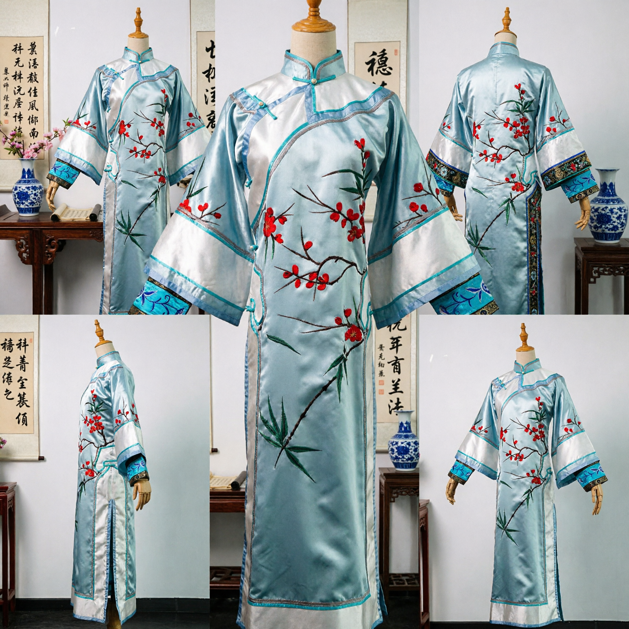 Vestido Tradicional Cheongsam Chino de Seda Azul con Bordado de Flor de Ciruelo para Mujeres en Presentaciones Escénicas - Asian Costume