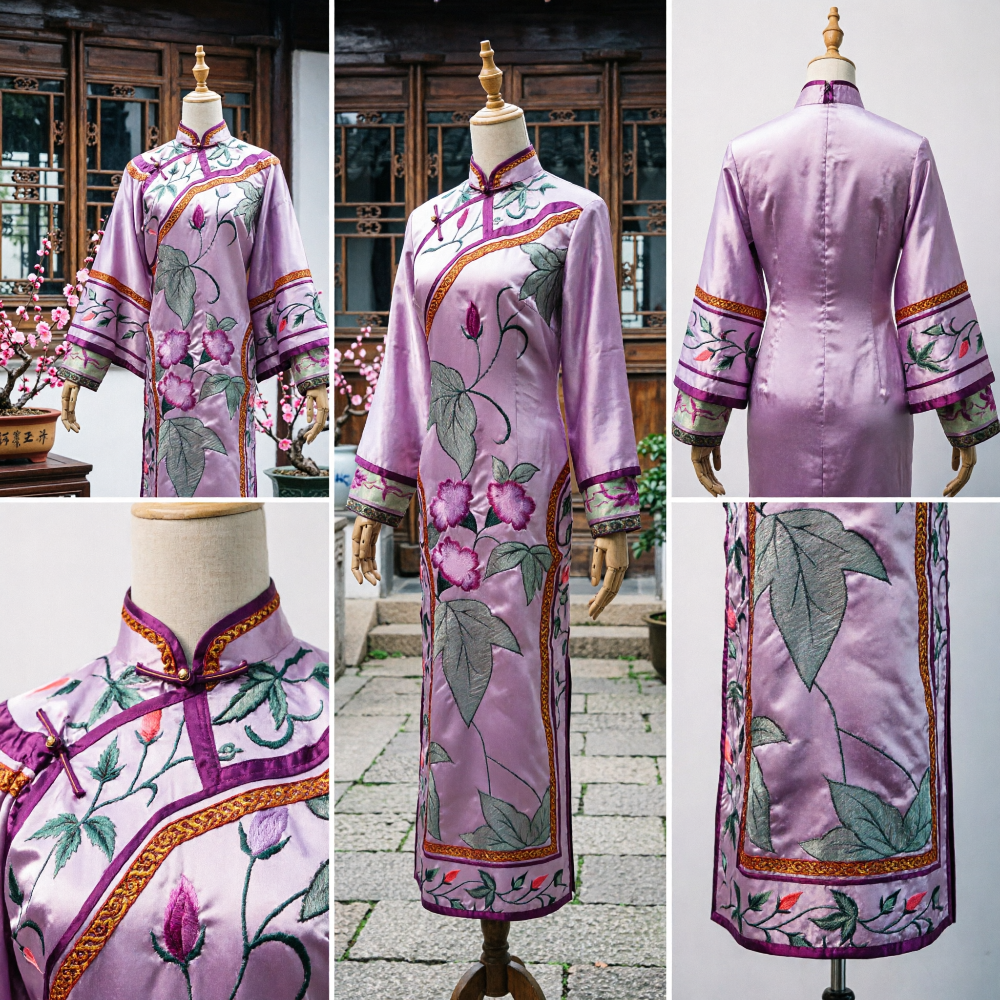 Abito Lungo Cheongsam Tradizionale Cinese per Donne Seta Viola Ricamata Floreale per Spettacolo sul Palco - Asian Costume