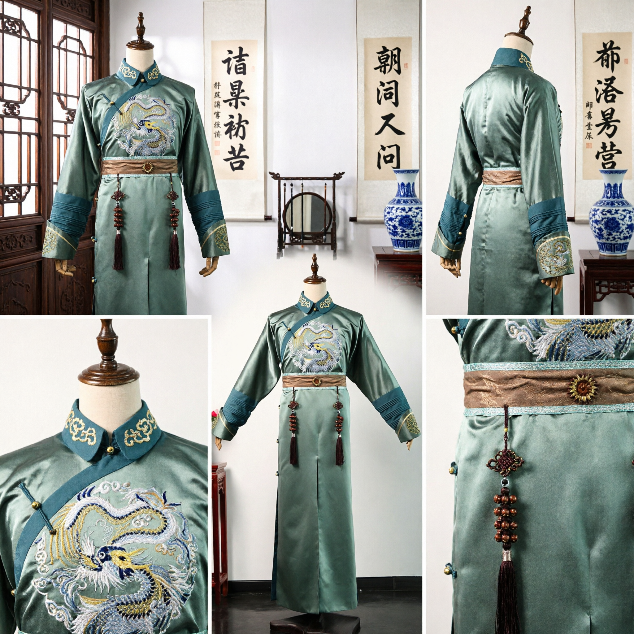 Veste Drago Verde Dinastia Qing Cinese Costume Changshan Seta Raso per Uomini Spettacolo sul Palco - Asian Costume