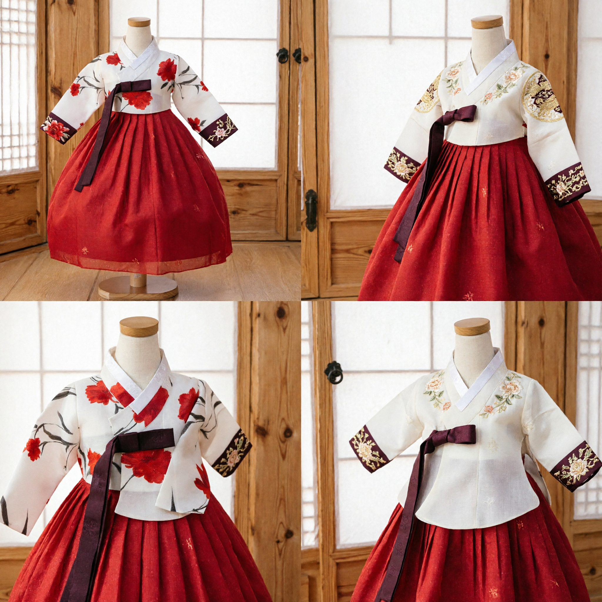 Conjunto Hanbok Tradicional Coreano Infantil Top Floral Vermelho e Saia Chima para Meninas Casamento Festa de Aniversário - Asian Costume