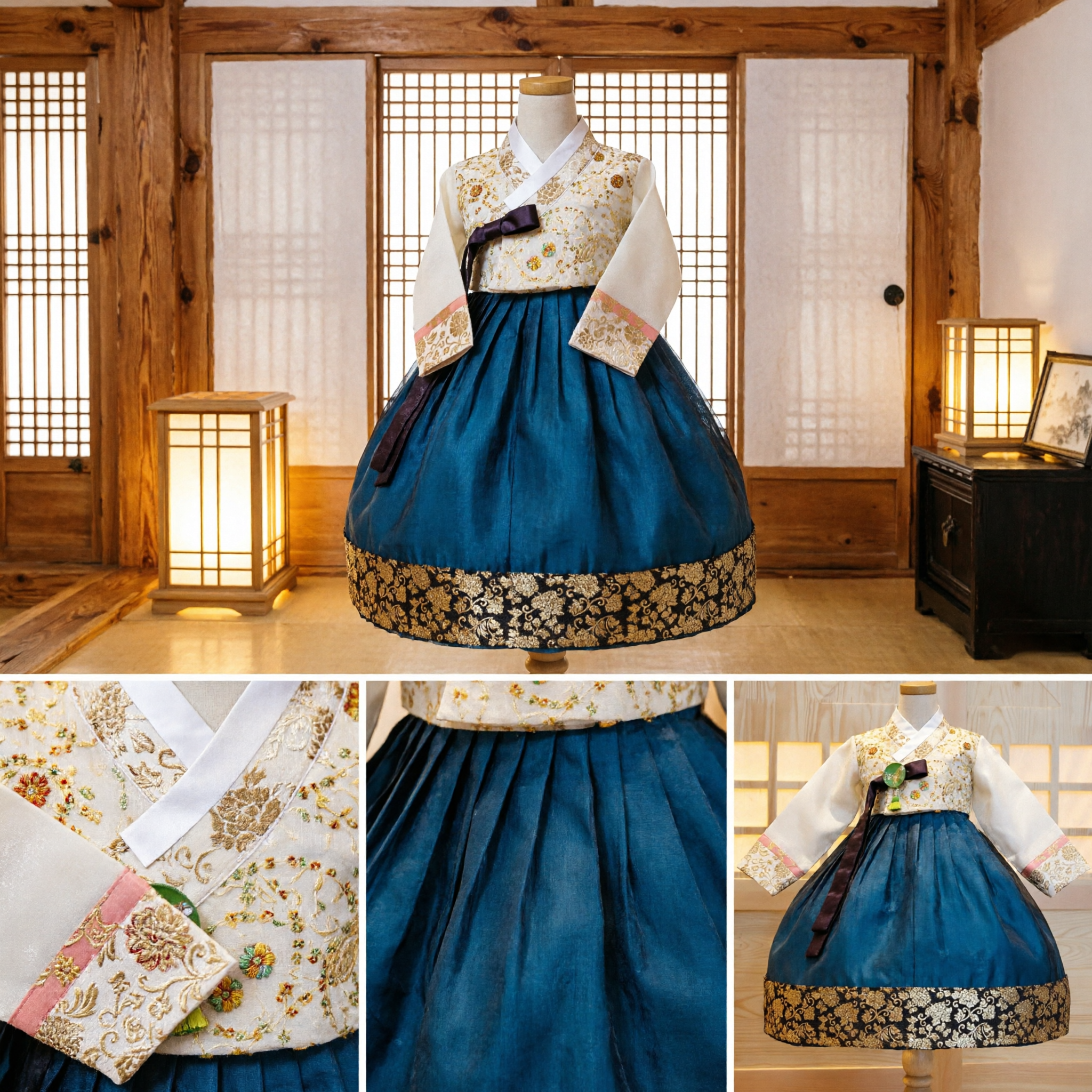 Hanbok tradizionale coreano per ragazze, abito formale per bambine con ricami blu e oro per matrimoni e Doljanchi - Asian Costume