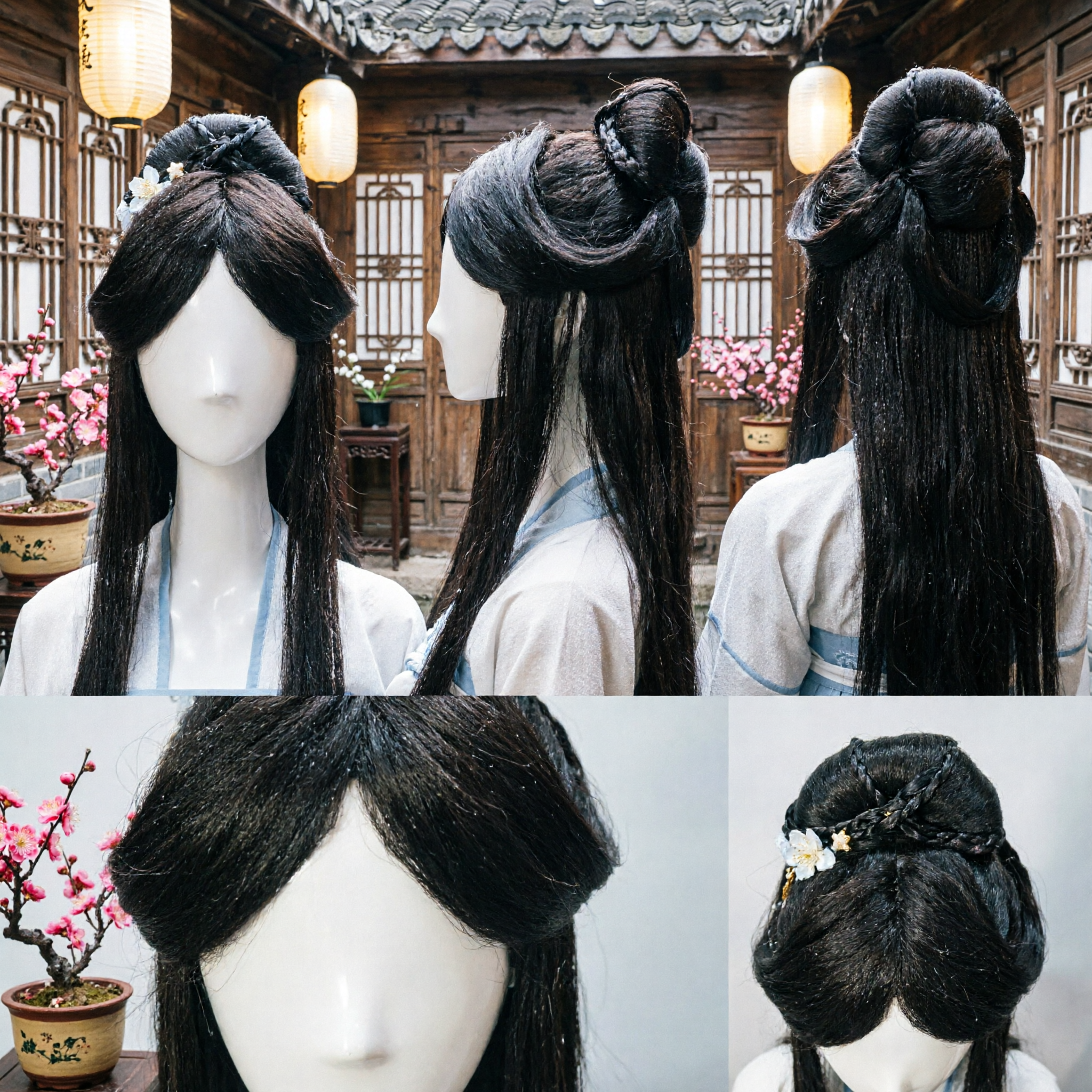 Peruca Longa Preta Tradicional Chinesa Antiga Penteado para Traje Hanfu para Cosplay e Drama Histórico Feminino - Asian Costume