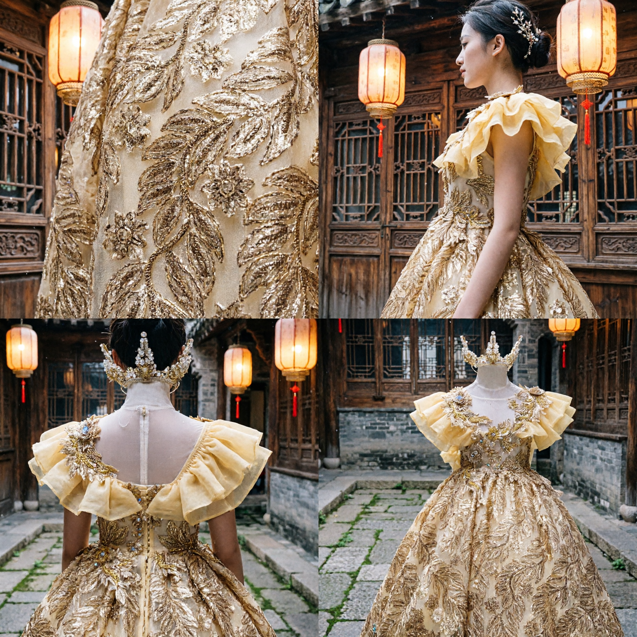 Elegante abito da principessa con paillettes dorate e corona per bambini, costume per sfilate e esibizioni sul palco - Asian Costume