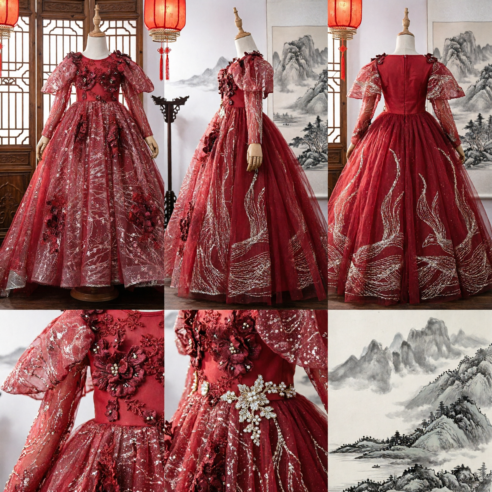 Длинное красное платье для девочек с рукавами из тюля, платье для подружек невесты с пайетками, формальное свадебное платье для торжеств и конкурсов красоты - Asian Costume