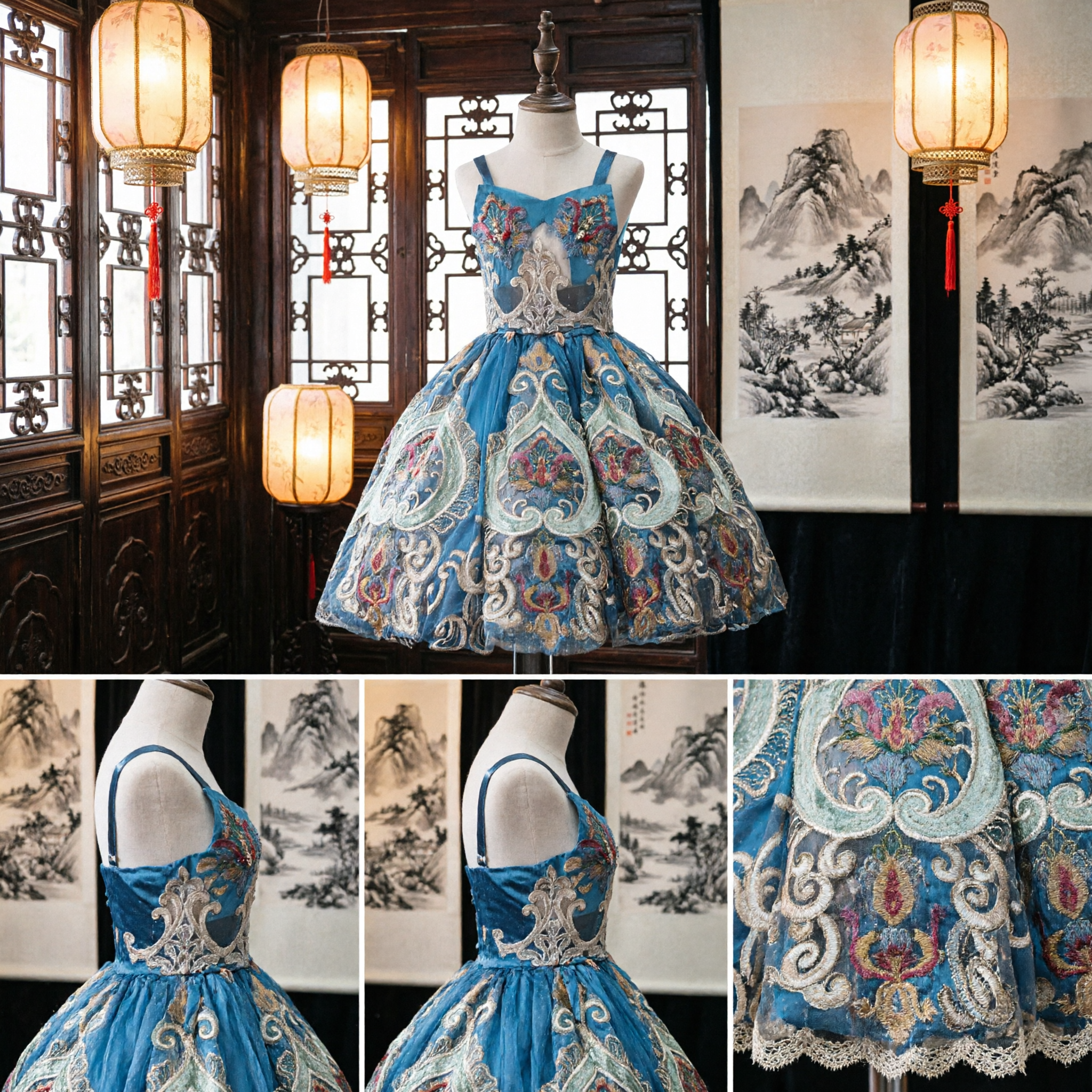 Luxe Blauwe Gepailletteerde Podiumkostuum Korte Poefrok Latijns-Amerikaanse Dansjurk voor Optreden Wedstrijd - Asian Costume