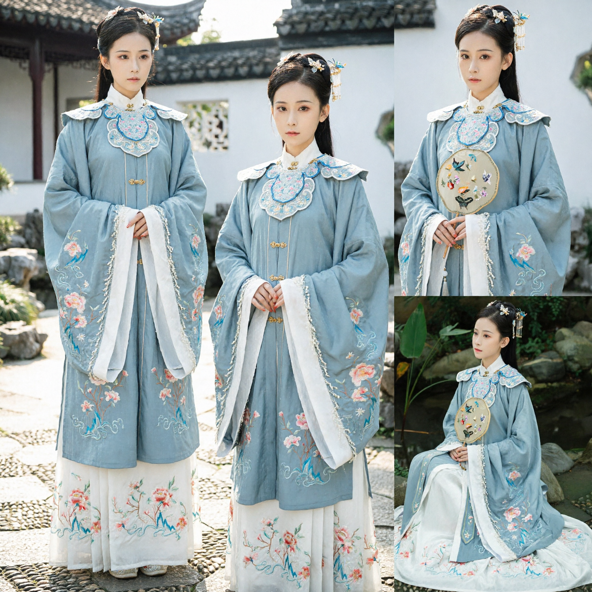 Traje de Hanfu de la Dinastía Ming Azul con Bordado en el Cuello de Nubes para Mujer, para Cosplay - Asian Costume