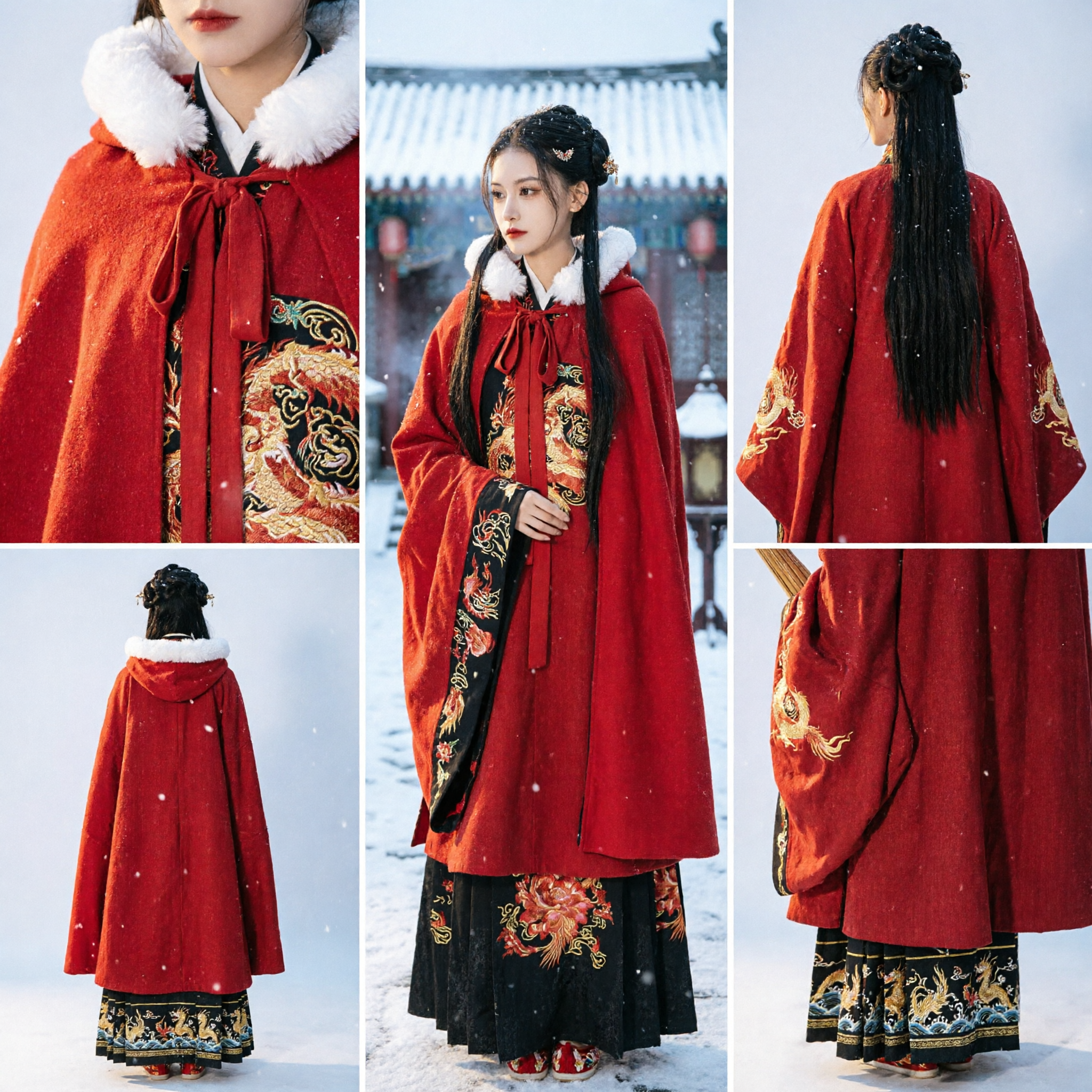 Manto de Inverno Hanfu Antigo Chinês Vermelho com Gola de Pele e Bordado de Dragão, Traje Tradicional para Mulheres - Asian Costume