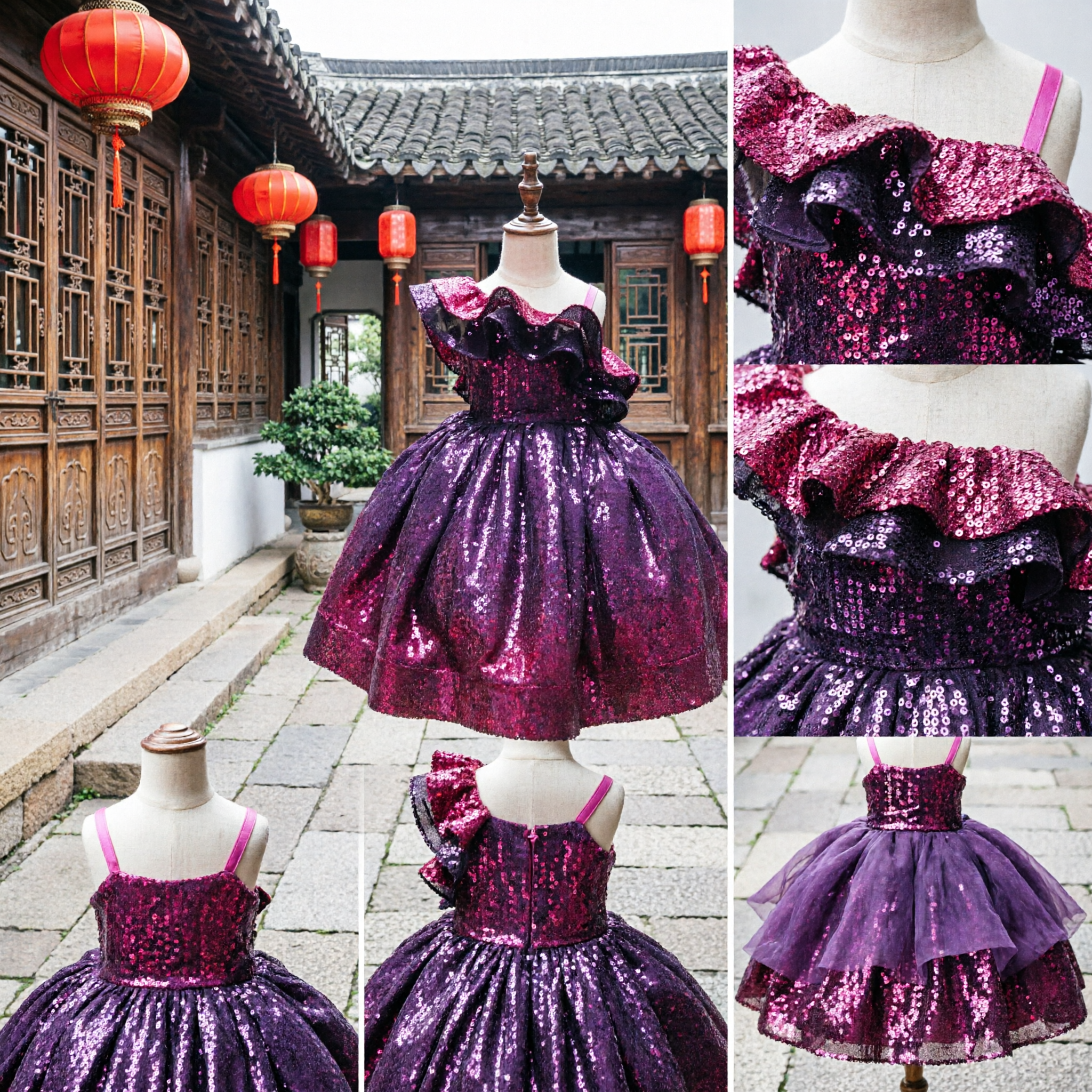 Costume da Scena per Ragazze con Sfumatura Viola e Paillettes, Abito da Ballo per Saggi di Danza e Concorsi - Asian Costume