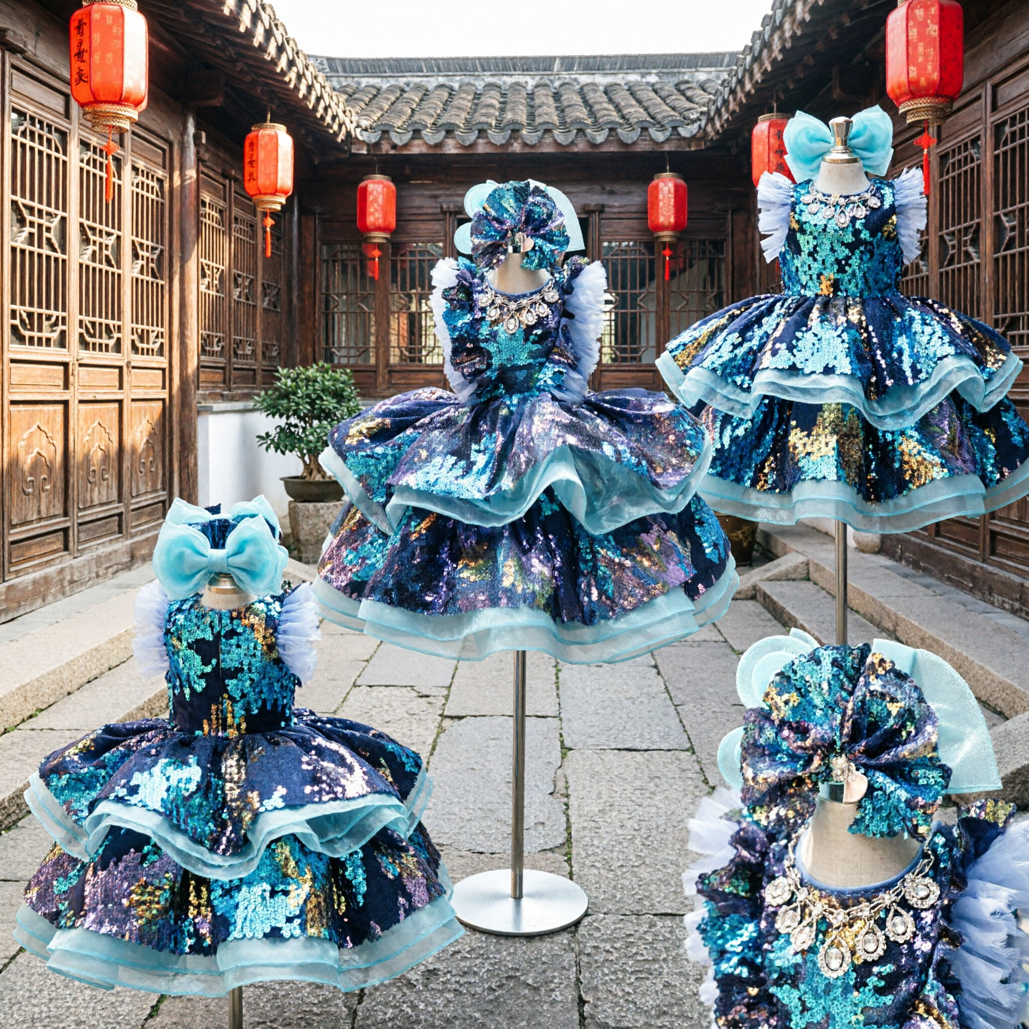 فستان الأميرة اللامع للأطفال والفتيات بألوان المجرة باللونين الأزرق والبنفسجي مع تنورة توتو مموجة لزي العروض المسرحية - Asian Costume