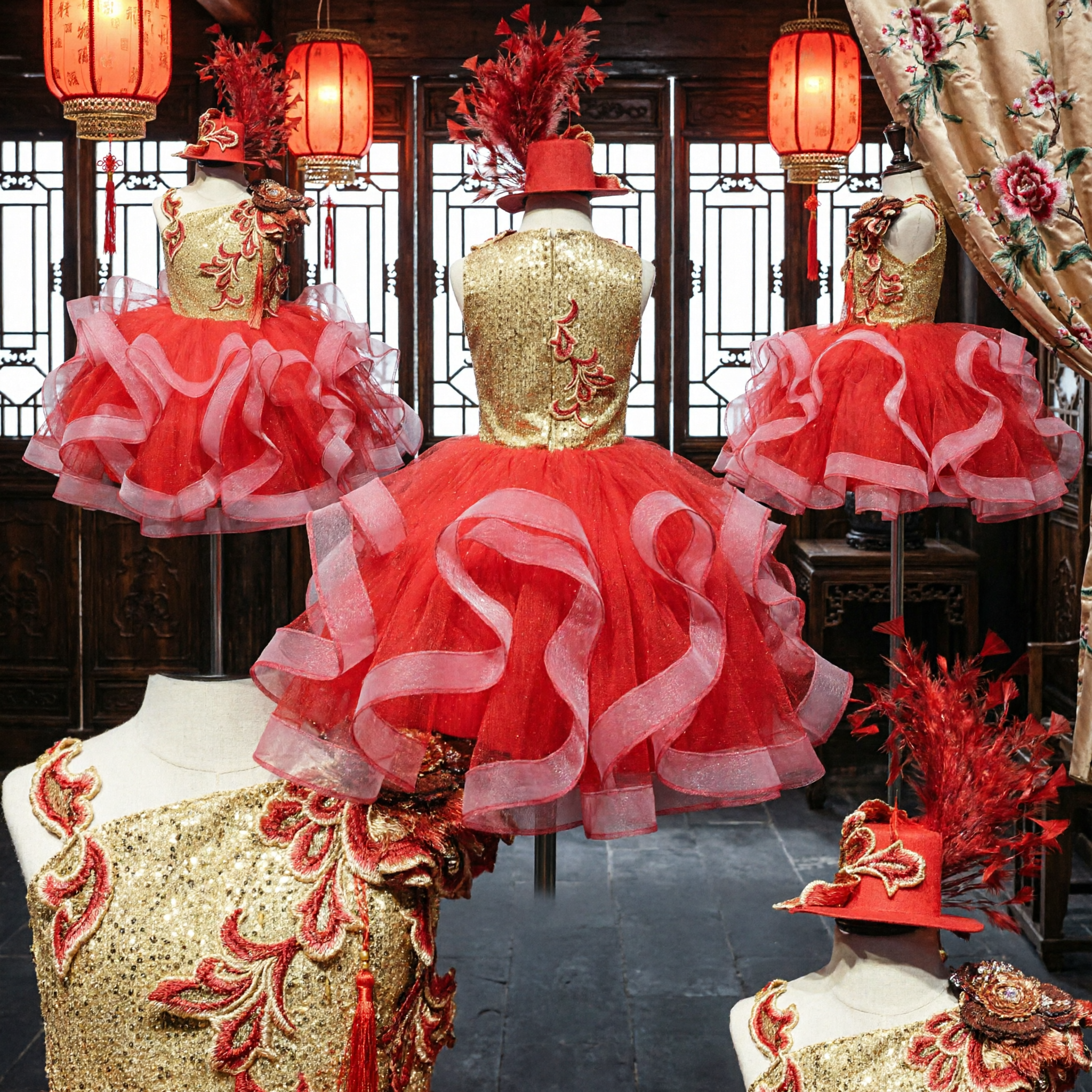 Traje para Actuación de Baile Latino para Niñas Rojo y Dorado con Lentejuelas, Falda Tutú con Volantes y Sombrero de Plumas a Juego - Asian Costume