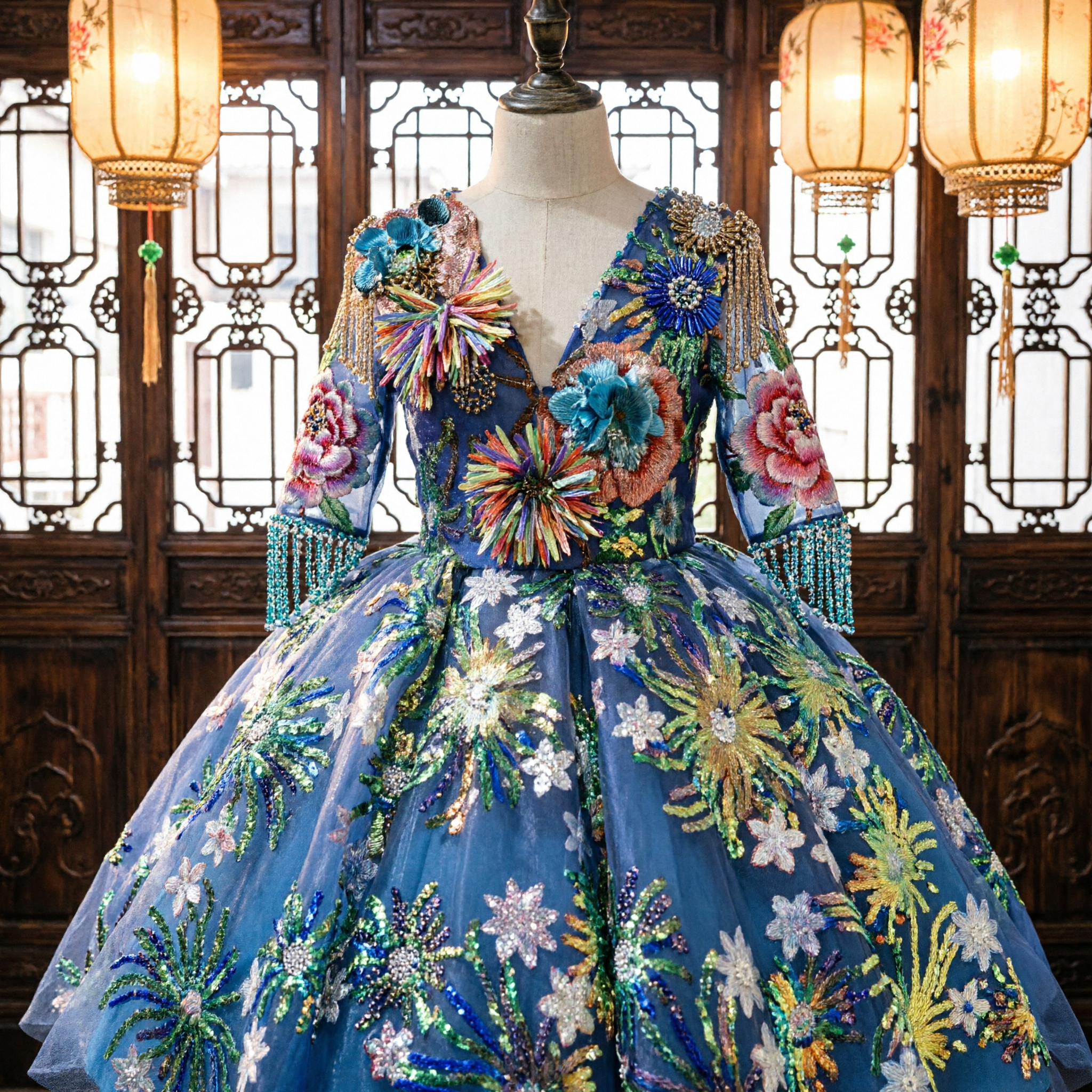 Koningsblauwe Latijns-Amerikaanse Dansjurk Met Bloemen Pailletten Rok en Veren Hoofdtooi voor Podium Optreden Wedstrijden - Asian Costume