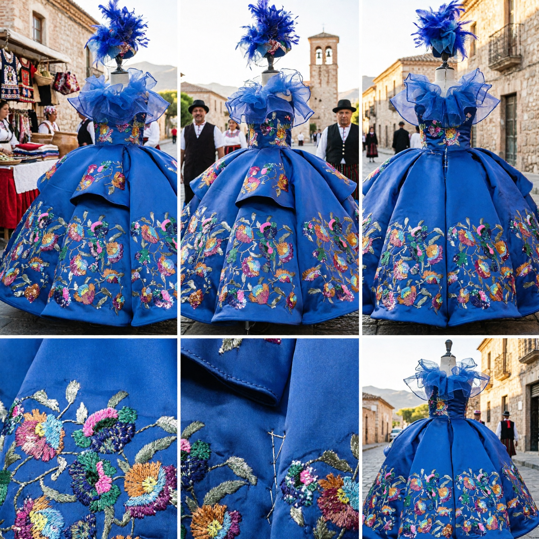 Costume de Danse Folklorique Chinoise Traditionnelle Bleu Royal à Broderie Florale et Coiffe à Plumes pour Spectacle Femmes - Asian Costume