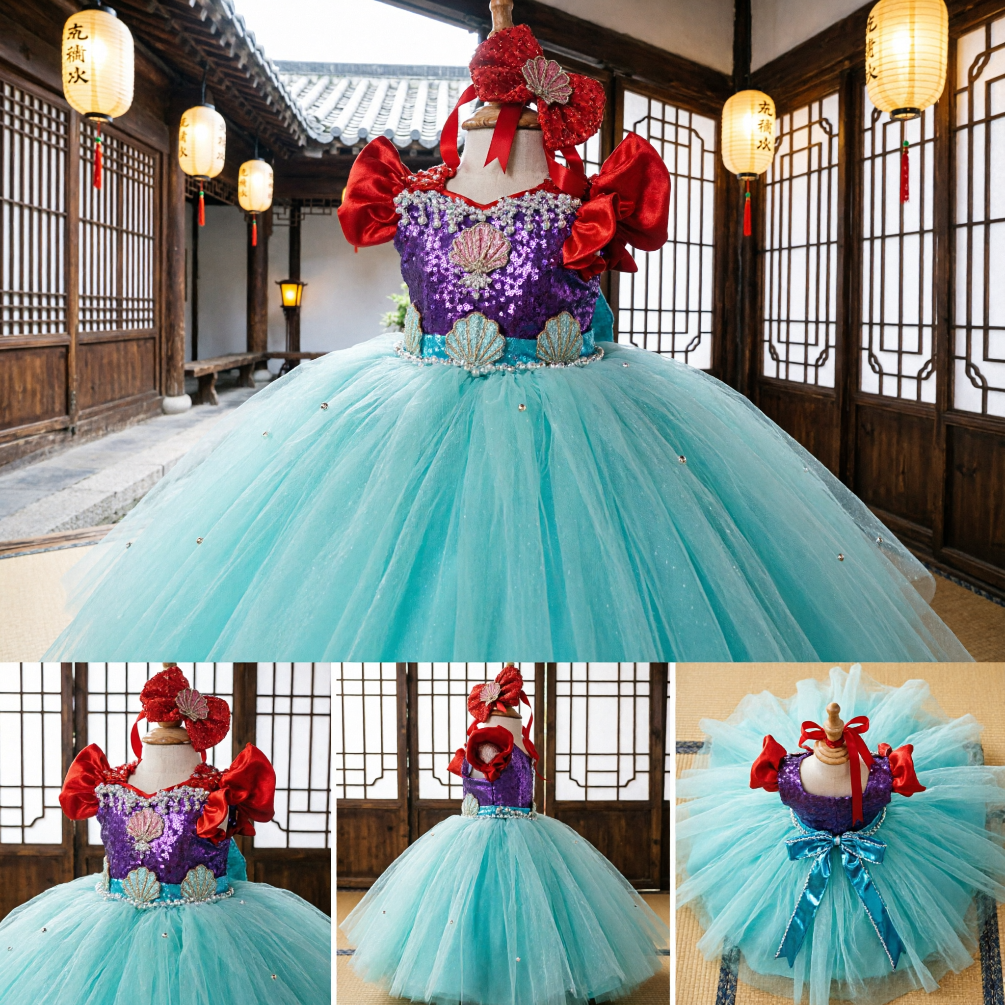 فستان زي أميرة حورية البحر الصغيرة للفتيات باللون البنفسجي المطرز باللاممع وأكمام حمراء وتنورة من الشاش لحفلات الهالوين - Asian Costume