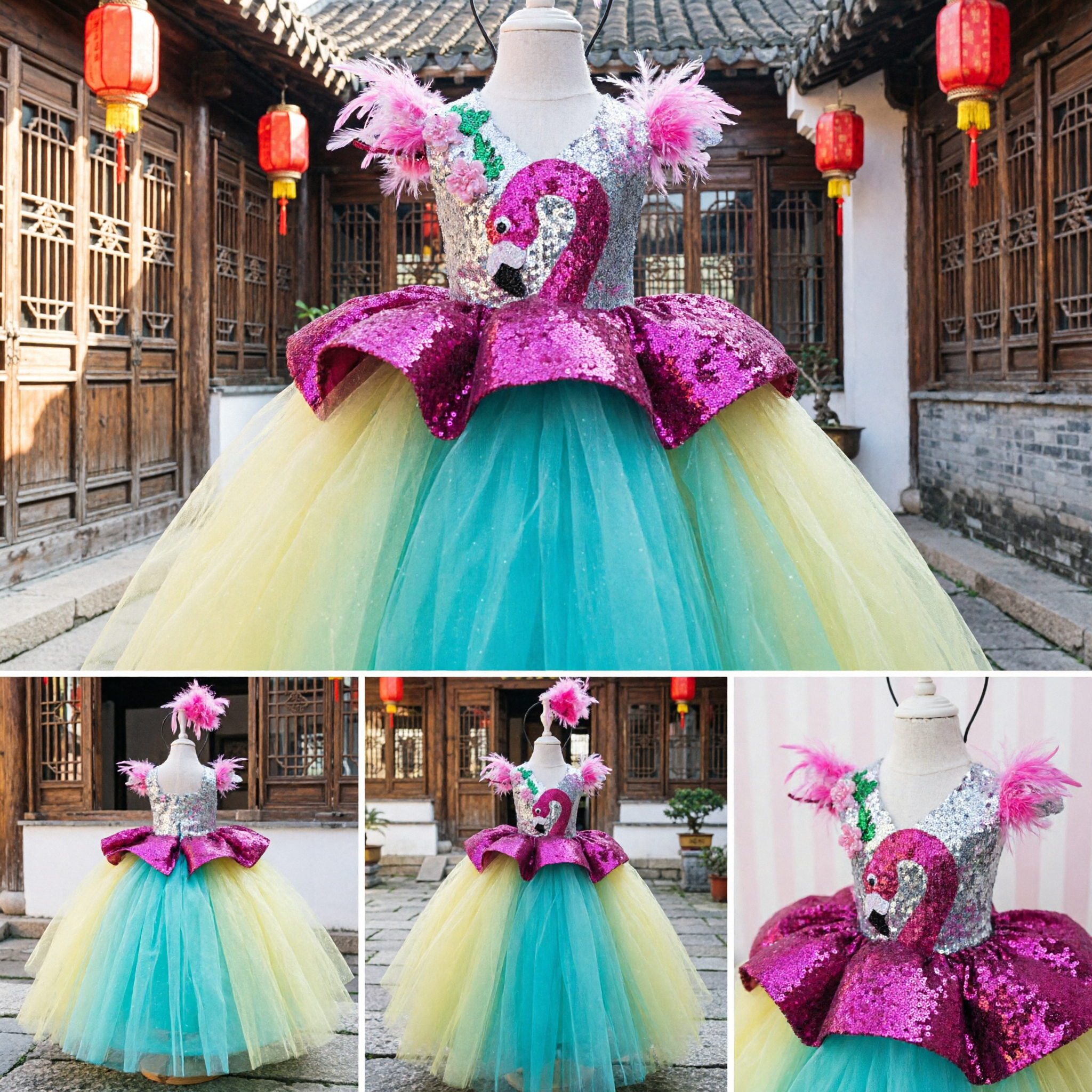 Girls Flamingo Dance Costume Sequin Bodice Peplum Waist Colorful Tulle Tutu Skirt Performance Outfit - Asian Costume