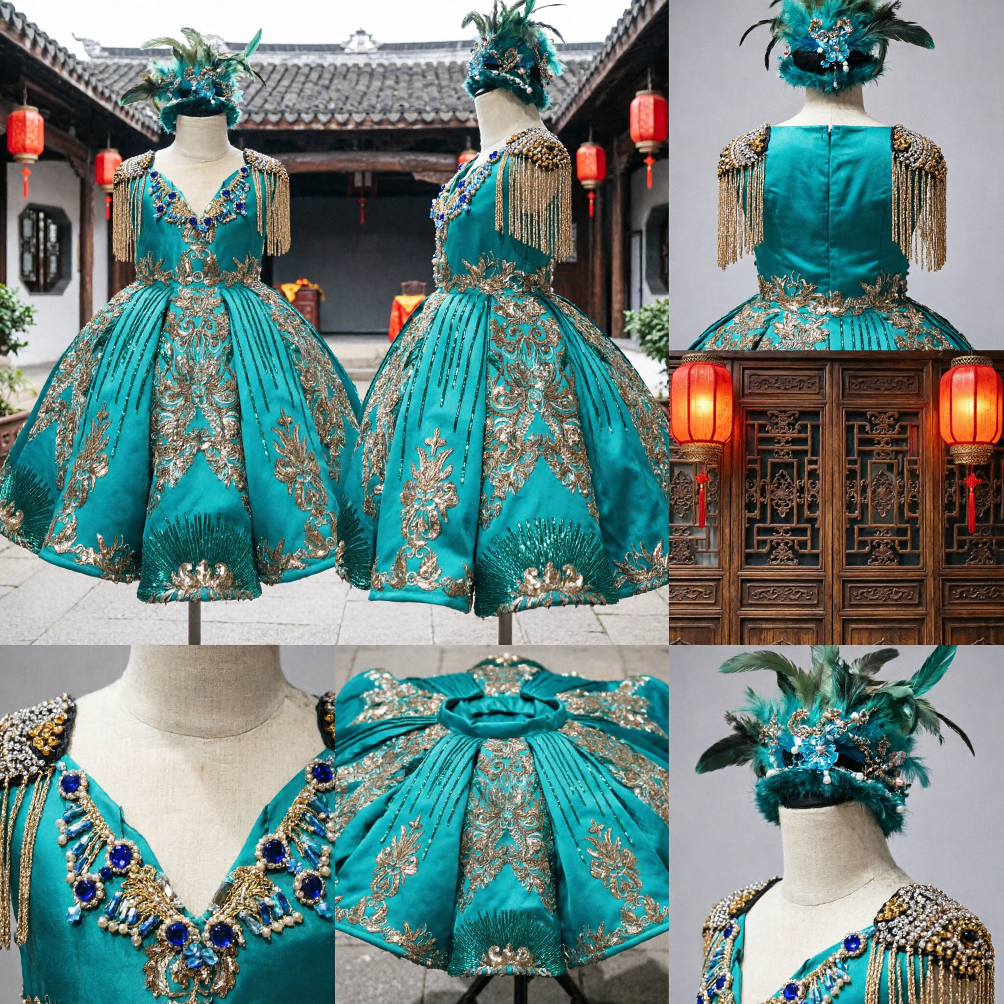 Dames Teal Latijns-Amerikaanse Dans Wedstrijdjurk Met Goud Borduursel Pailletten Franjes en Veren Hoofdtooi Podiumkostuum - Asian Costume