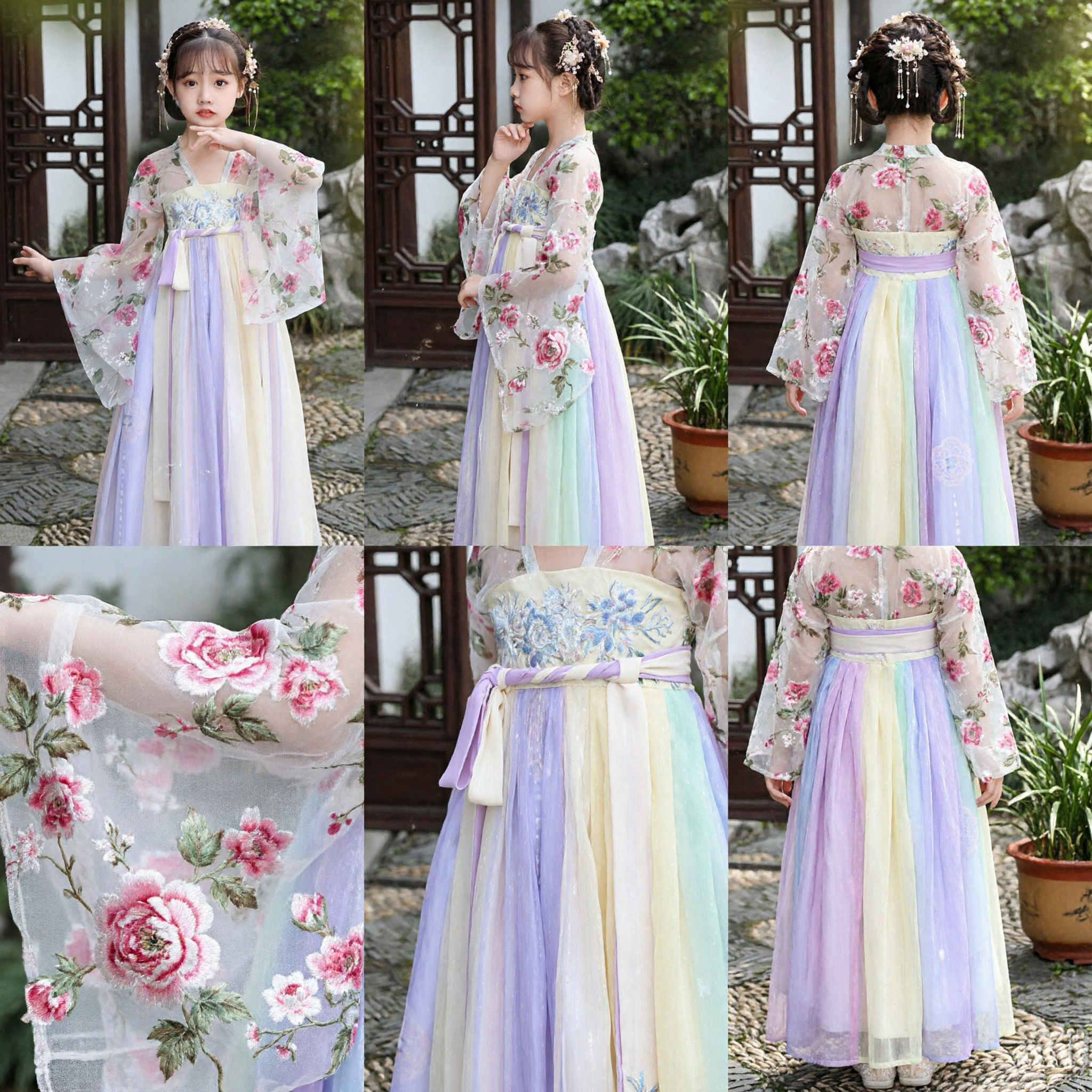 Vestido Hanfu Tradicional Chino para Niñas, Traje de la Dinastía Tang con Bordado Floral para Actuaciones Infantiles - Asian Costume