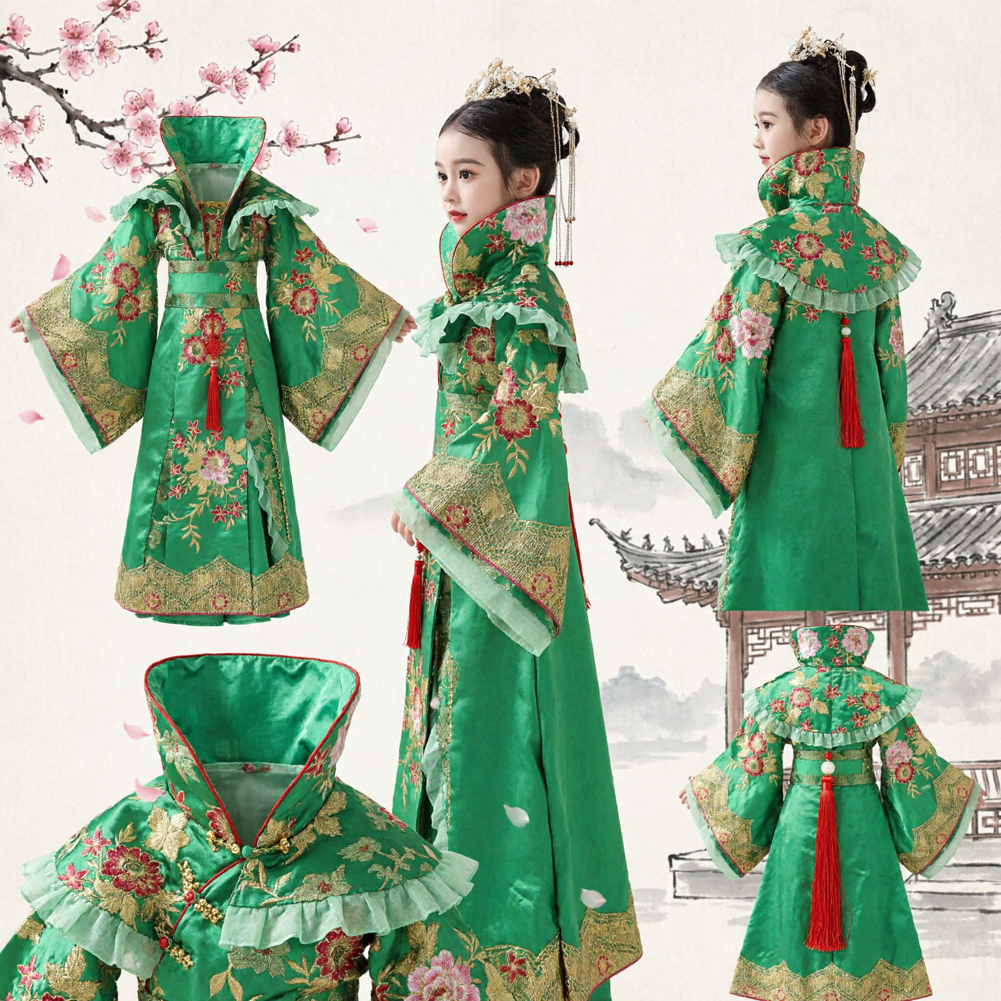 Costume Hanfu Tradizionale Cinese Verde per Ragazze Abito da Imperatrice Antico Ricamato Floreale del Palazzo per Performance - Asian Costume
