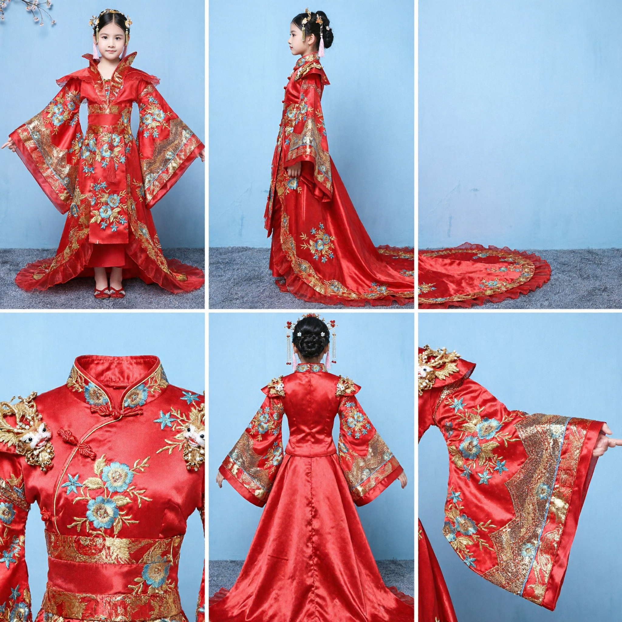 Robe Hanfu traditionnelle chinoise rouge pour filles - Costume brodé de la dynastie Tang pour enfants - Tenue de spectacle sur scène - Asian Costume