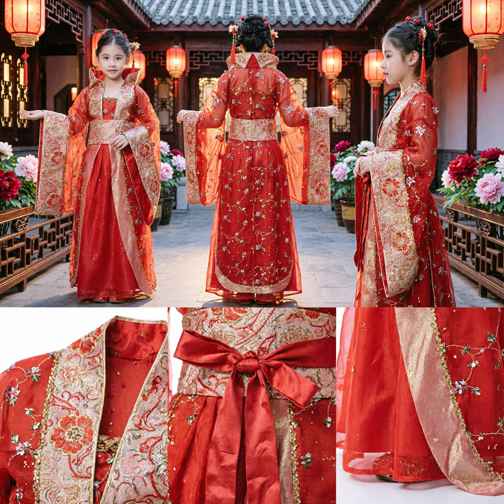 Traditionelles chinesisches Rotes Hanfu-Kleid für Mädchen Kinder Antikes Tang-Dynastie Prinzessinnen-Kostüm mit Stickerei - Asian Costume