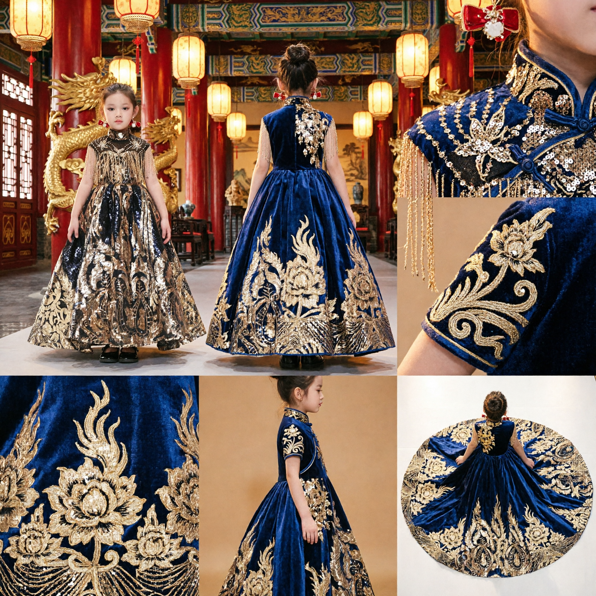 Abito da Ballo di Lusso con Paillettes Dorate per Ragazze Vestito da Sposa Tradizionale Cinese Ricamato per Sfilate e Feste - Asian Costume