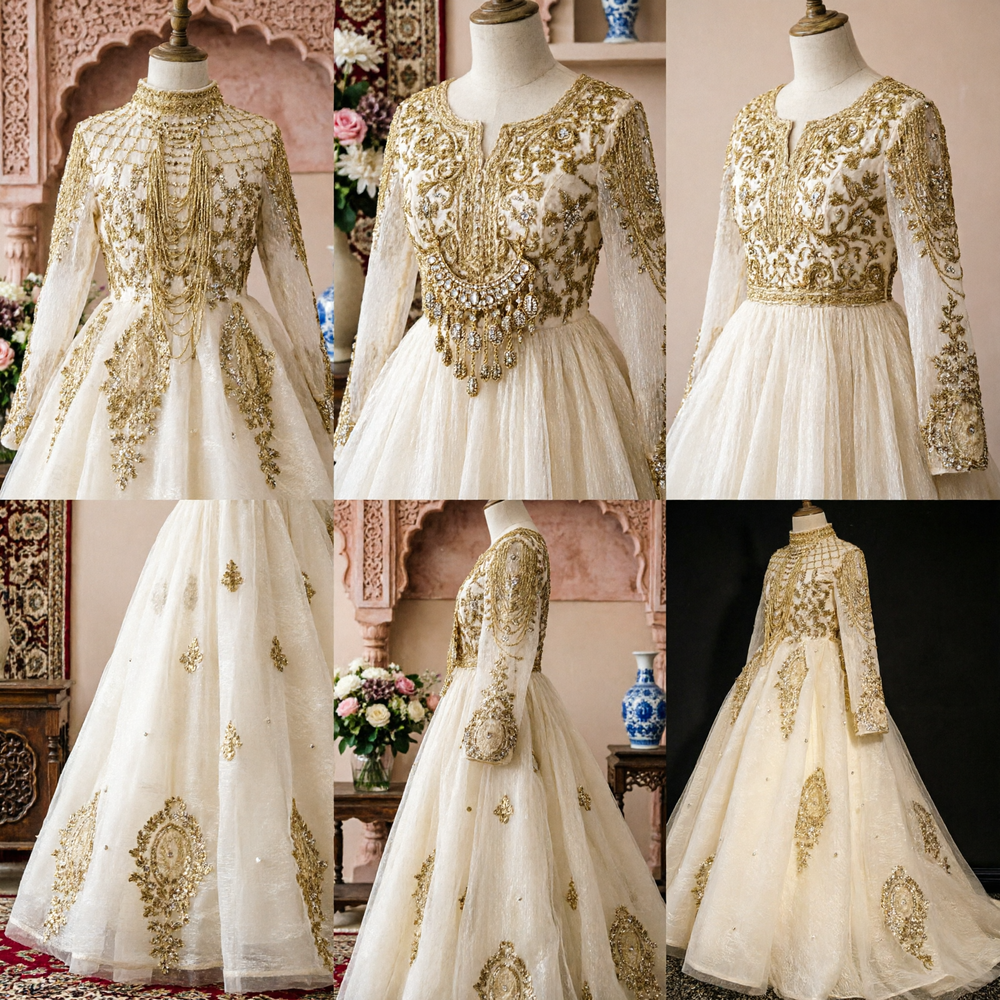 Robe de mariée arabe luxueuse blanche avec cape brodée dorée, manches longues, robe de mariée modeste pour femmes - Asian Costume