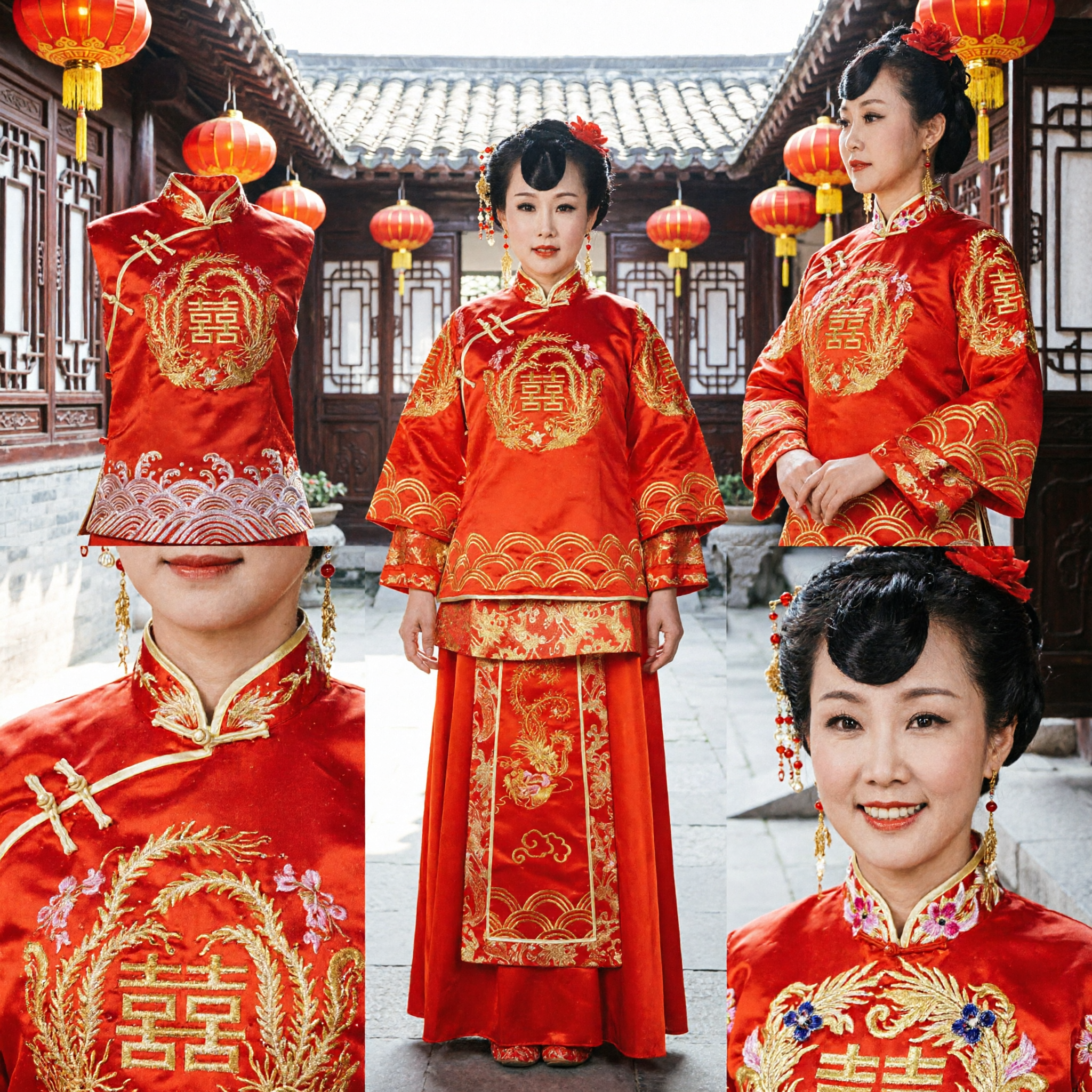 Abito da Sposa Tradizionale Cinese Rosso Completo Xiuhe Ricamo Oro Drago Fenice Costume Nuziale per Donne - Asian Costume
