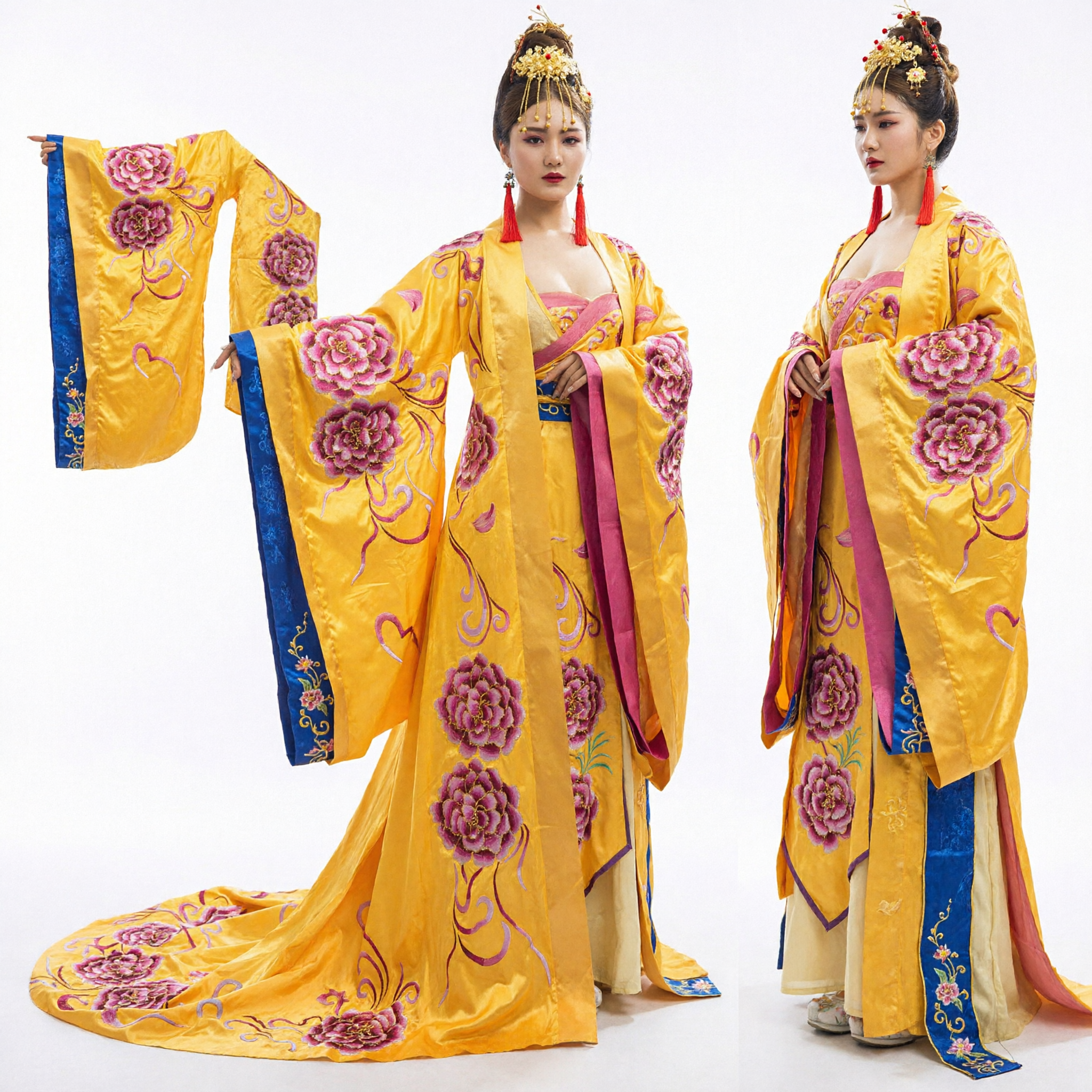 Vestido Hanfu de la Emperatriz de la Antigua Dinastía Tang Amarillo Traje Tradicional de la Corte Imperial con Bordado Floral para Mujer - Asian Costume
