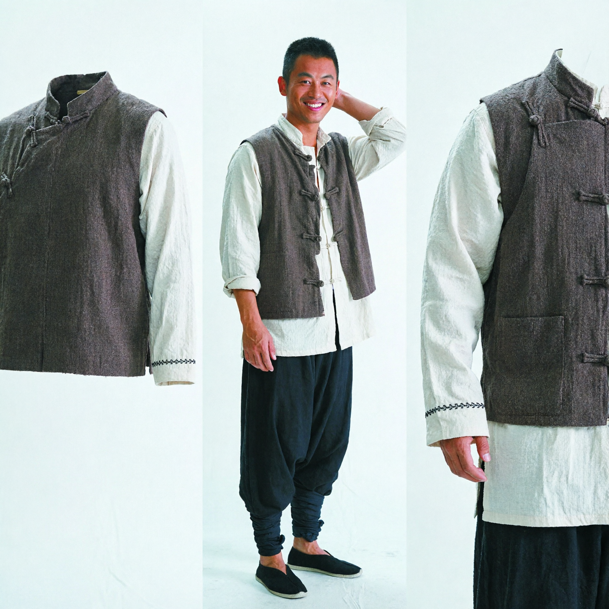 Conjunto de Traje Tradicional Chinês Kung Fu Tang Suit para Homens Colete e Calças de Algodão Linho Traje de Artes Marciais - Asian Costume