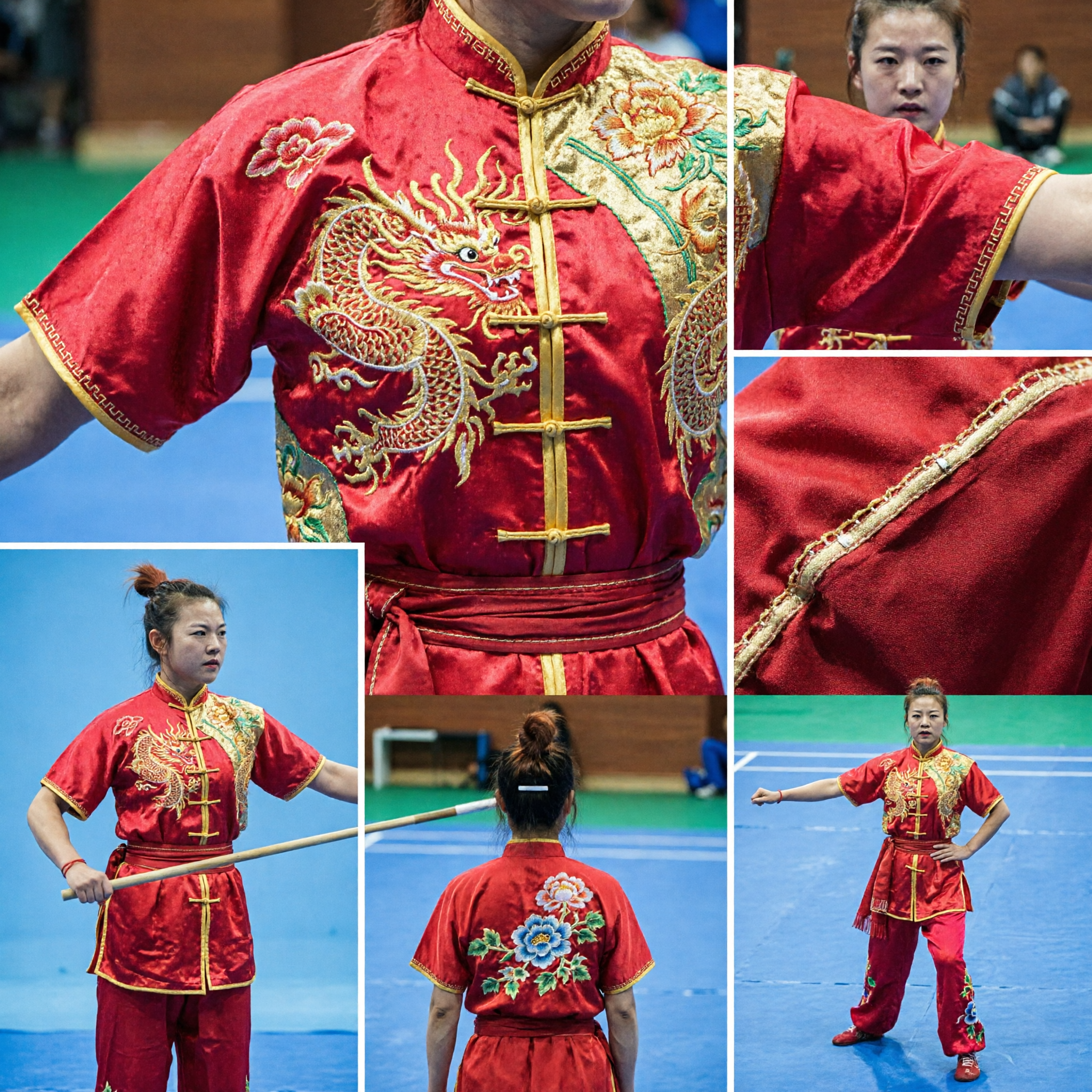 Uniforme de Kung Fu Chinês Vermelho Profissional Traje de Wushu com Bordado de Dragão Dourado para Competição de Artes Marciais - Asian Costume
