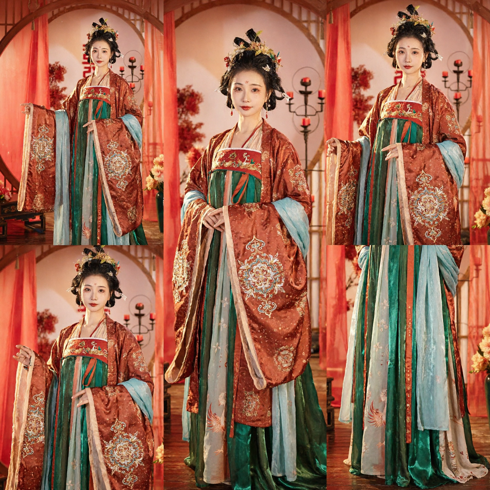 Traje Tradicional Antigo Hanfu da Dinastia Tang Chinês Elegante para Mulheres, Vestido de Casamento com Saia Verde e Top Vermelho - Asian Costume