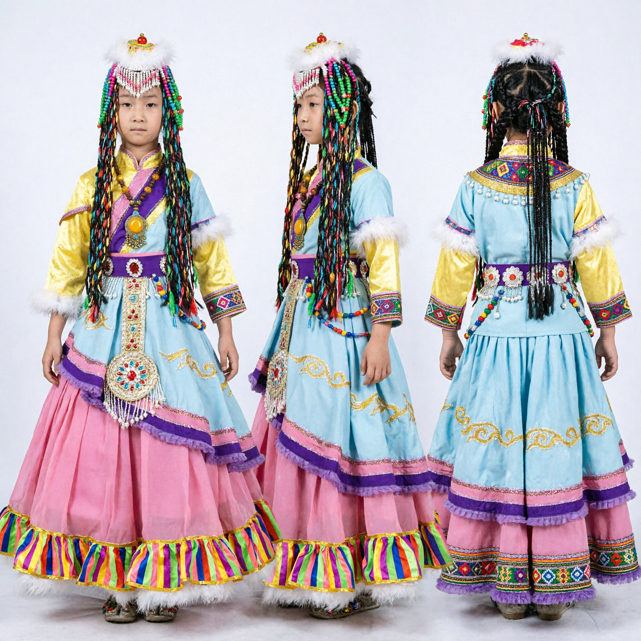 Kinder Tibetisches traditionelles Tanzkostüm Mädchen ethnische Minderheit Bühnenaufführungskleid mit Perlen-Haaraccessoires - Asian Costume
