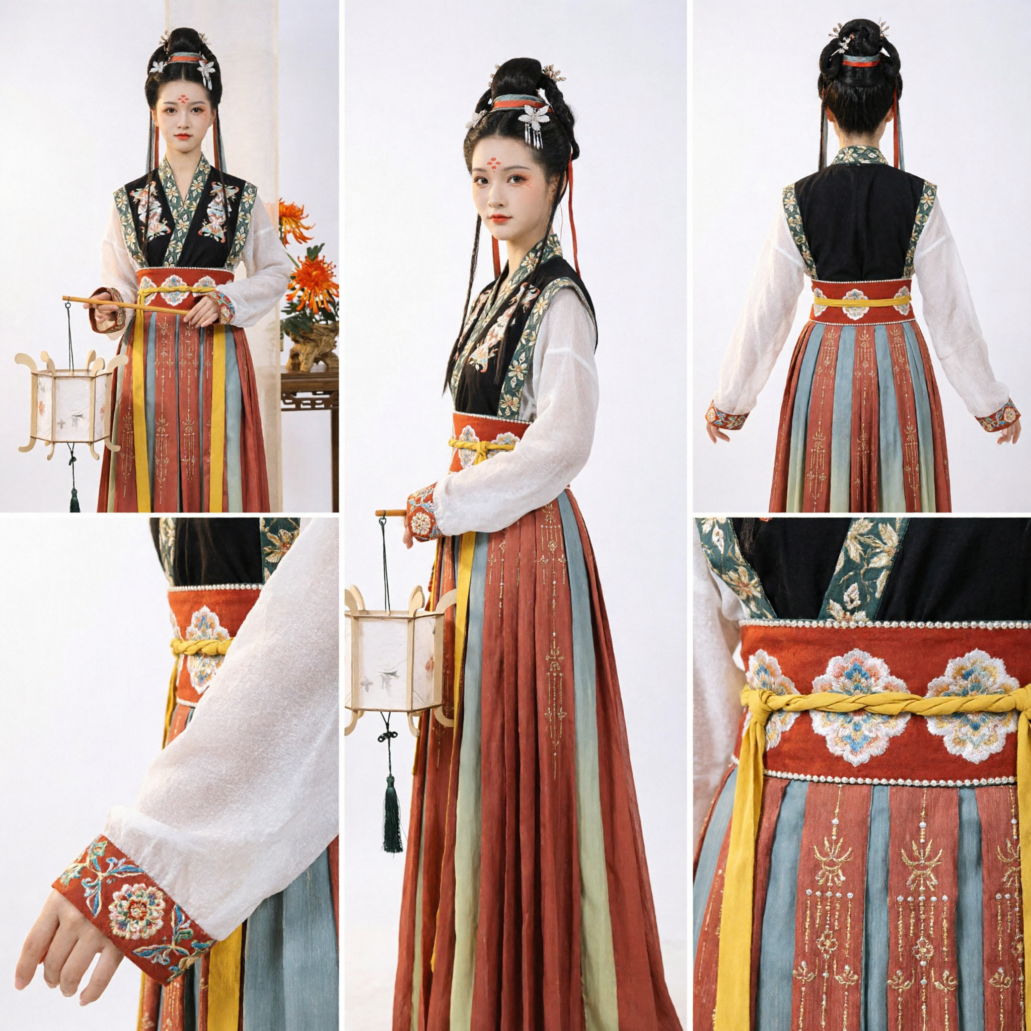 Antikes chinesisches Tang-Dynastie Hanfu-Kostüm, besticktes Blumen-Hofdamenkleid mit gestreiftem Rock für Frauen - Asian Costume