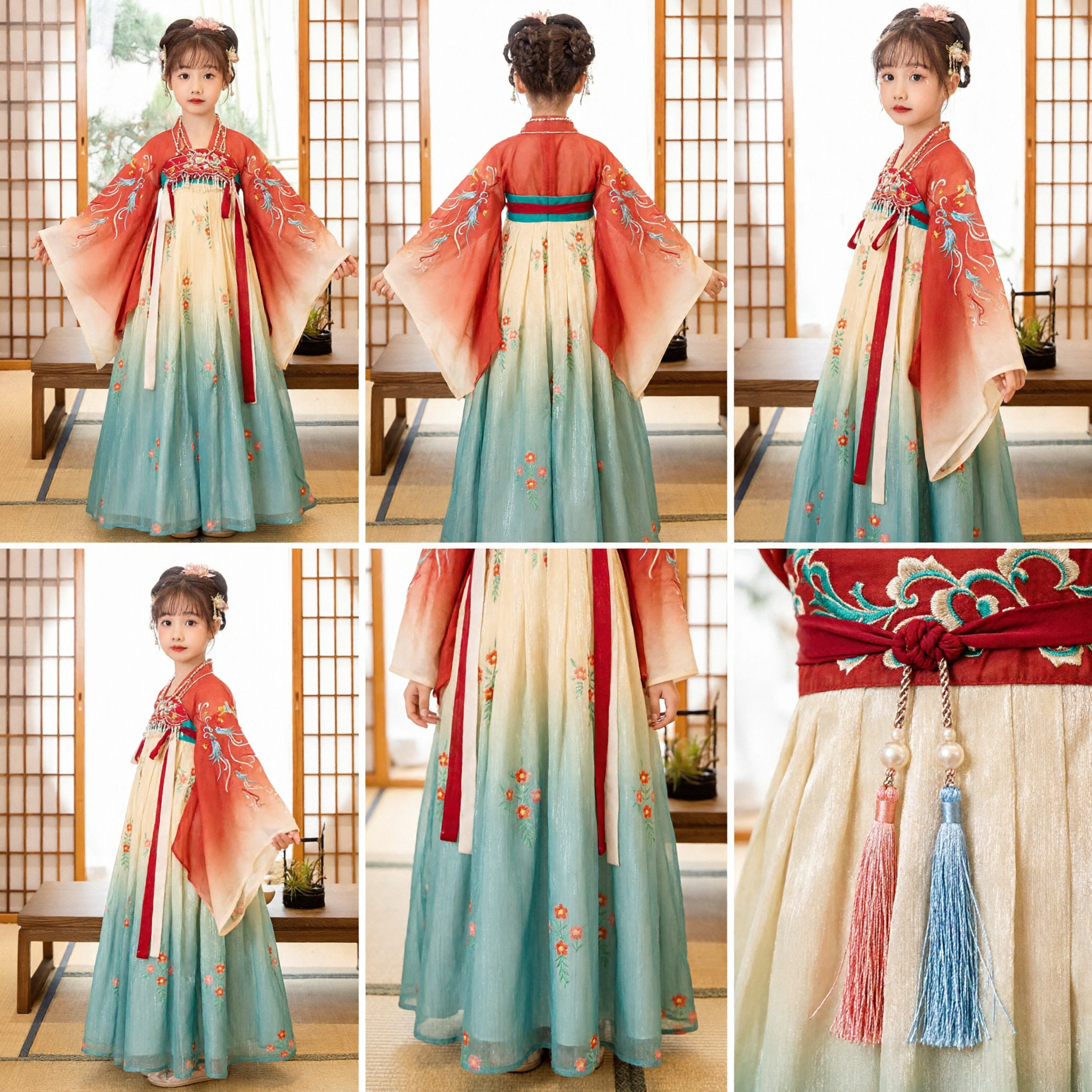Vestido Hanfu Tradicional Chinês para Meninas Traje de Princesa da Dinastia Tang com Top Vermelho Bordado e Saia em Degradê Azul - Asian Costume