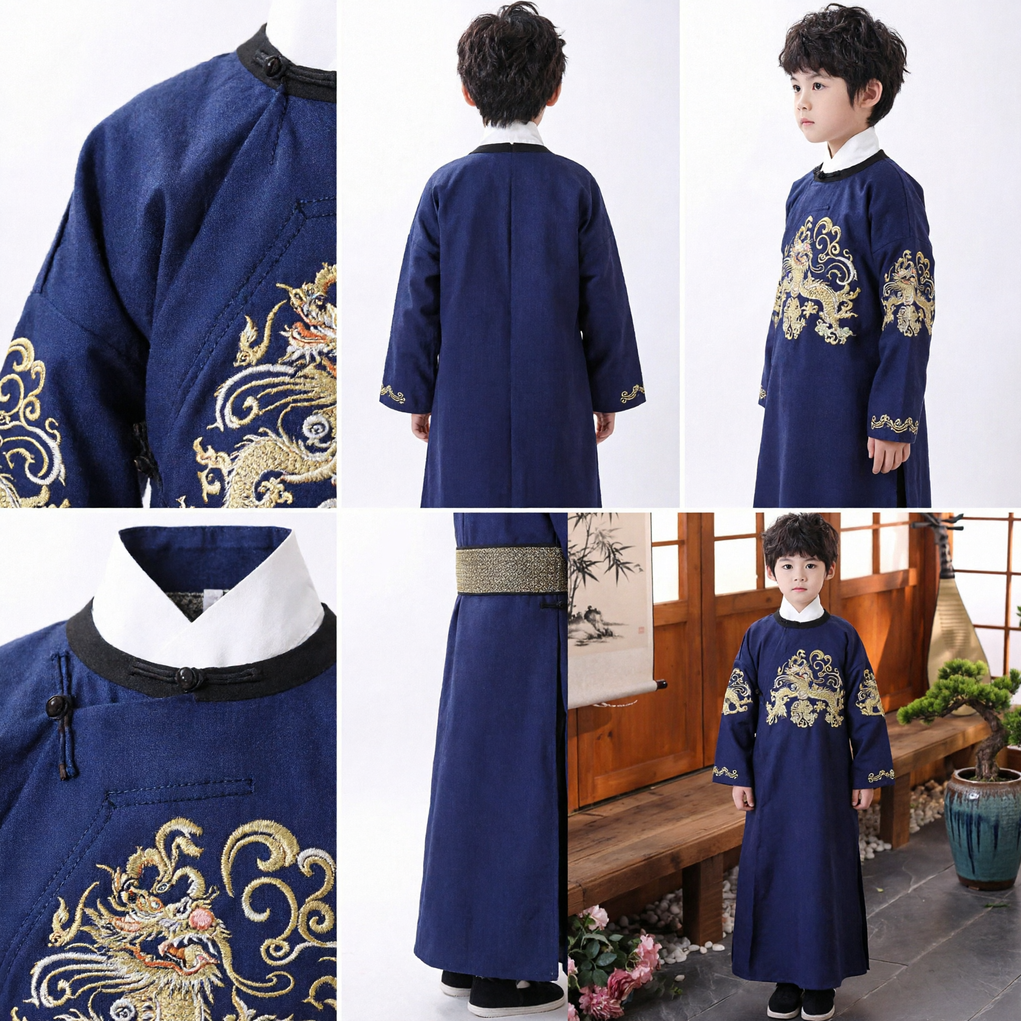 Traje Tradicional Chino Azul Tang Suit Túnica Bordada con Dragón Hanfu para Niños - Asian Costume