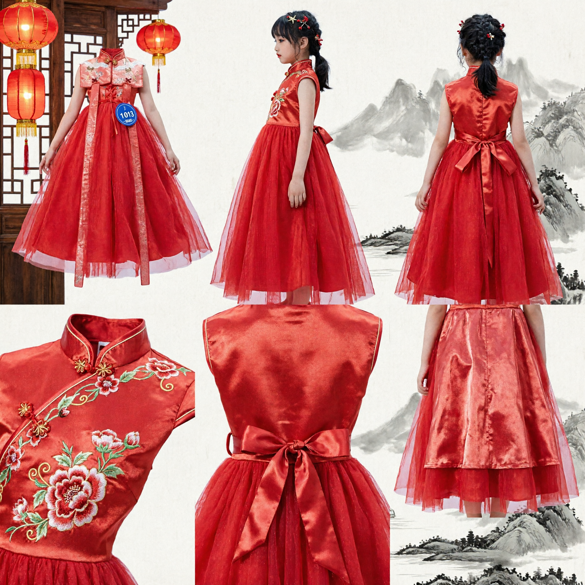 Vestito Tradizionale Cinese Qipao Rosso per Bambine con Corpetto Floreale e Gonna in Tulle Costume Sfilata Spettacolo - Asian Costume
