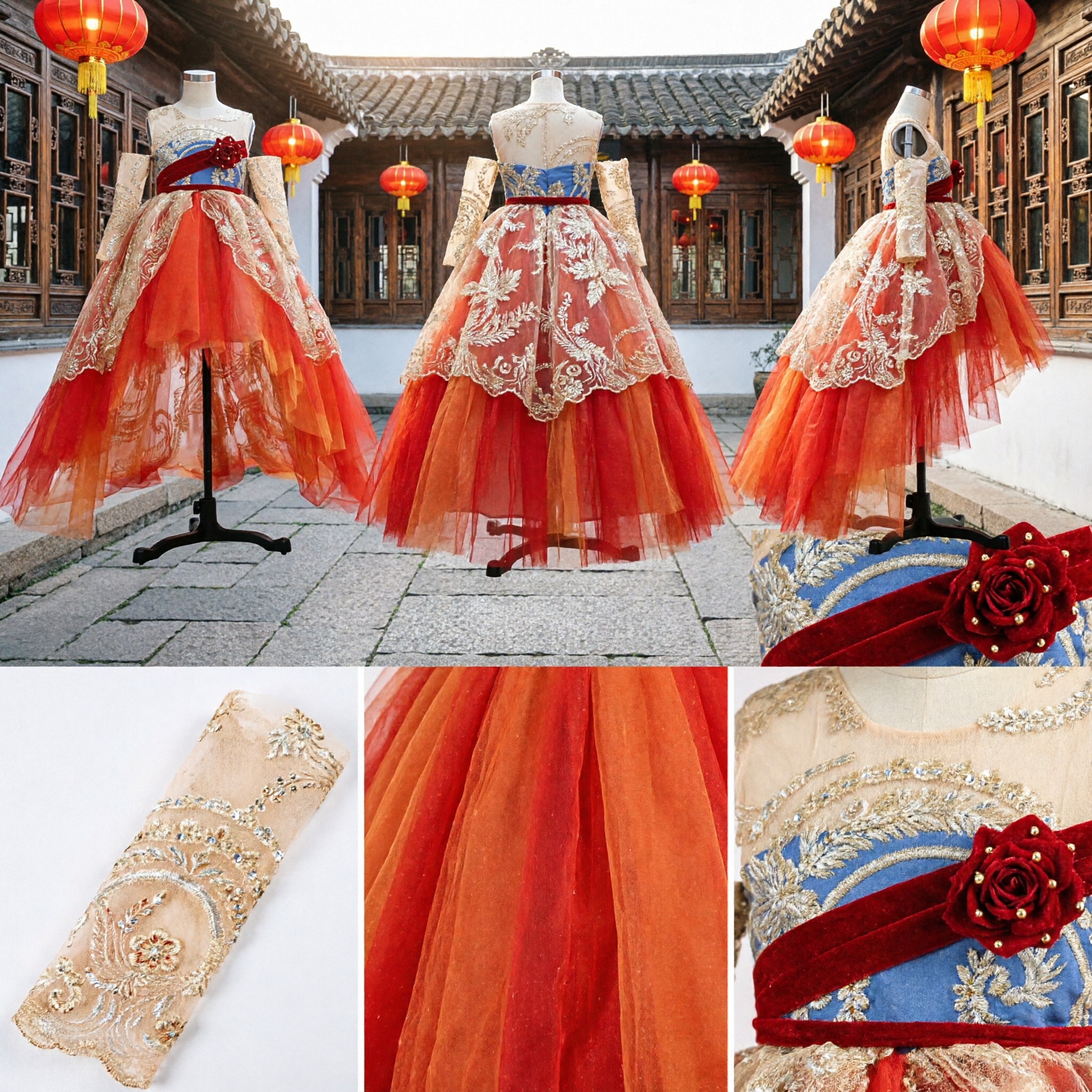 女児ラグジュアリーレッドゴールド刺繍伝統中国衣装ボールガウン ステージパフォーマンス用 - Asian Costume